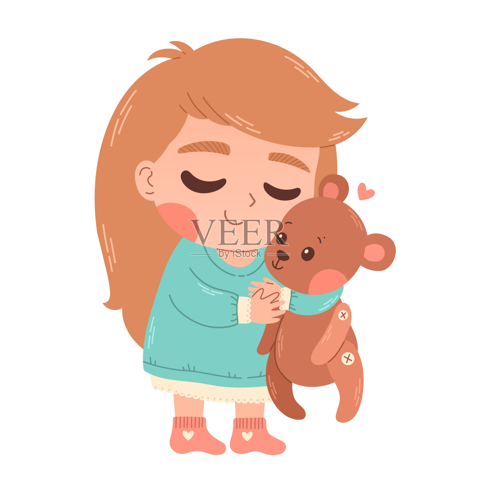 小女孩抱着泰迪熊。有趣的卡通人物。矢量插图。白色背景隔离设计元素图片