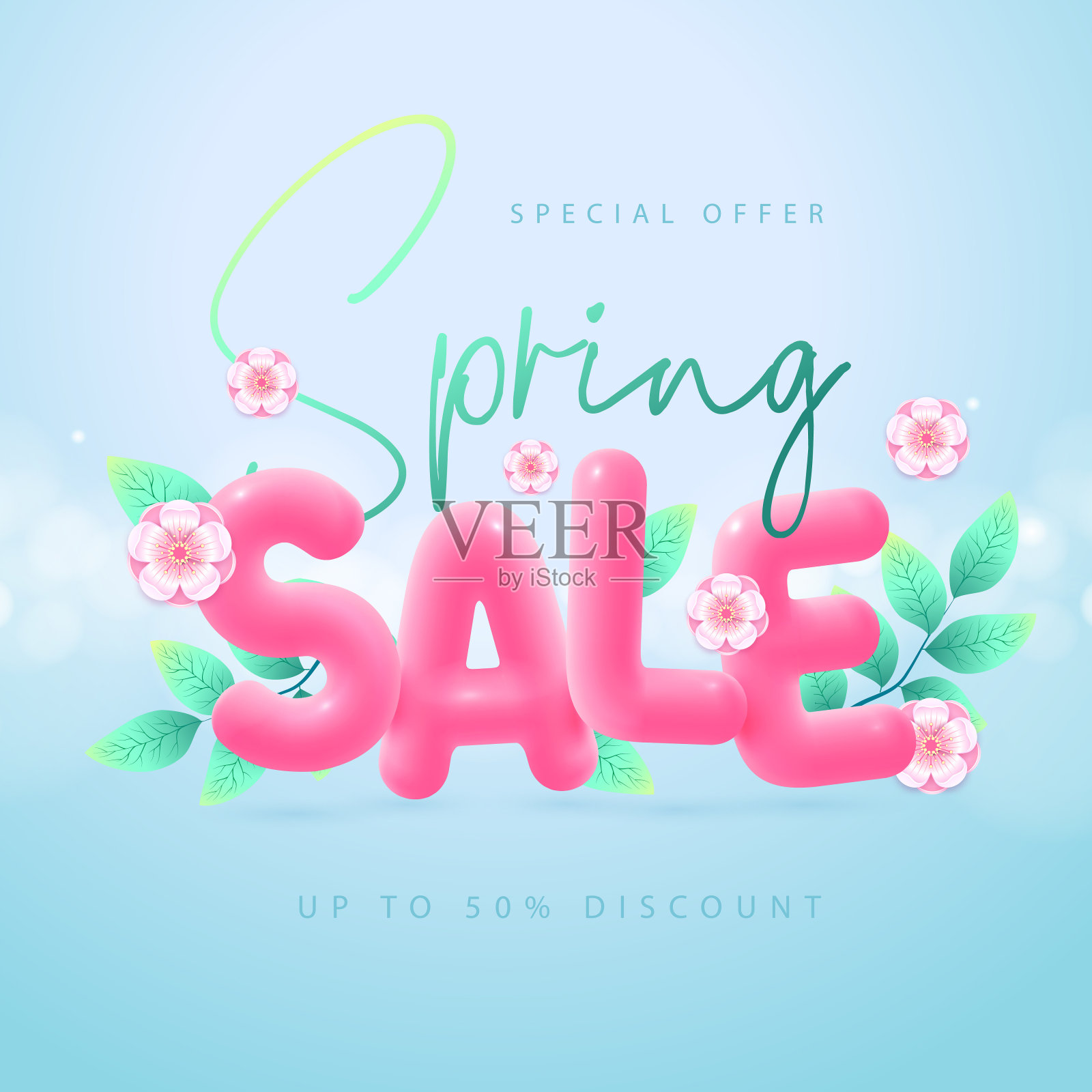 春季大销售排版海报与樱花和蓝色背景上的3D文字。矢量图插画图片素材