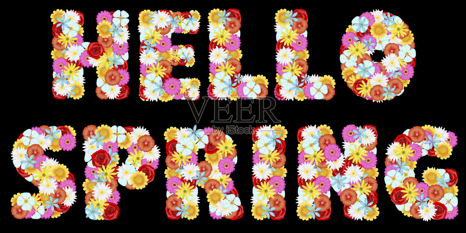 贺卡和春天到来的问候用德语和字母组成的五颜六色的花朵插画图片素材