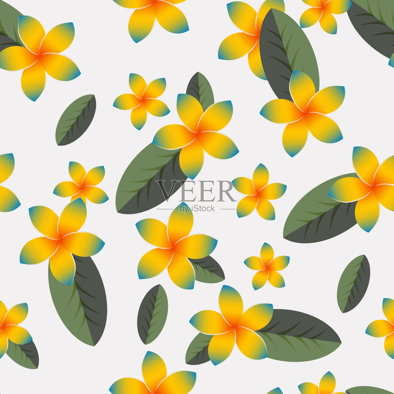 Plumeria热带。无缝可爱的图案与异国情调的黄色花朵和树叶在浅灰色的背景。花卉设计。向量。插画图片素材
