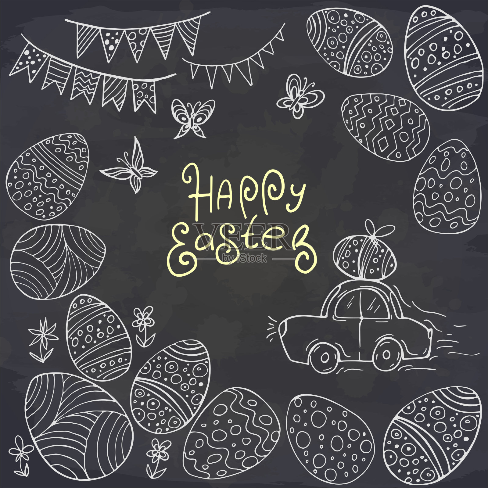 手绘卡通复活节车，复活节彩蛋和黑板上的蝴蝶。复活节快乐。矢量着色卡。春节贺卡。插画图片素材