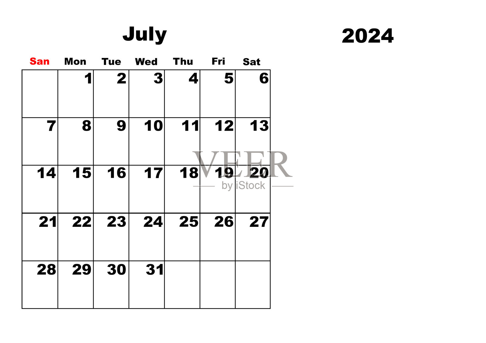 2024年日历，7月设计模板素材