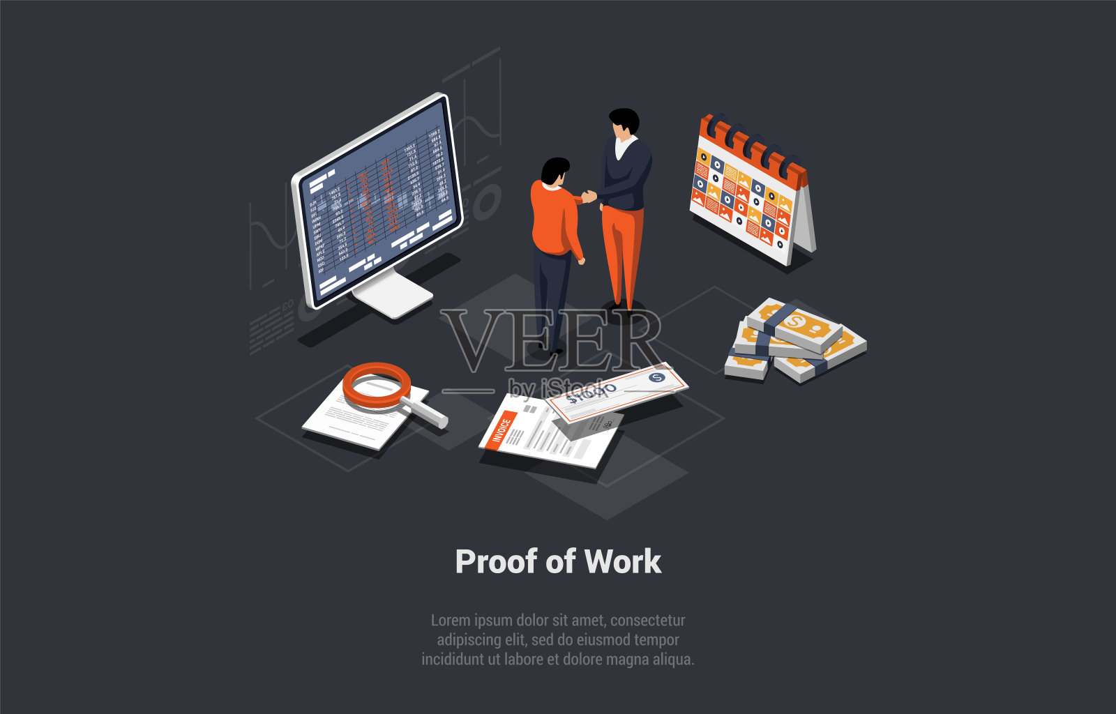 区块链技术概念。PoW系统提供快捷计算，允许知道秘密(通常是私钥)的参与者生成廉价的PoW。等距三维矢量插图插画图片素材