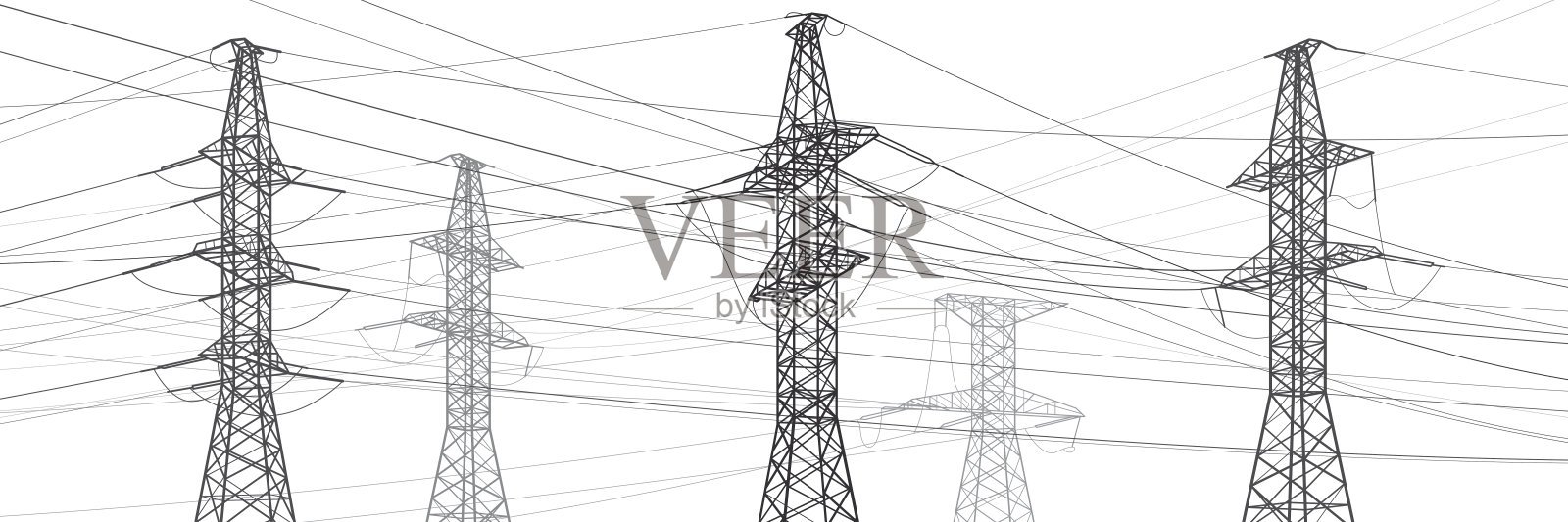 高压传输系统。电杆。电线。相互连接的电气网络。矢量设计插图插画图片素材