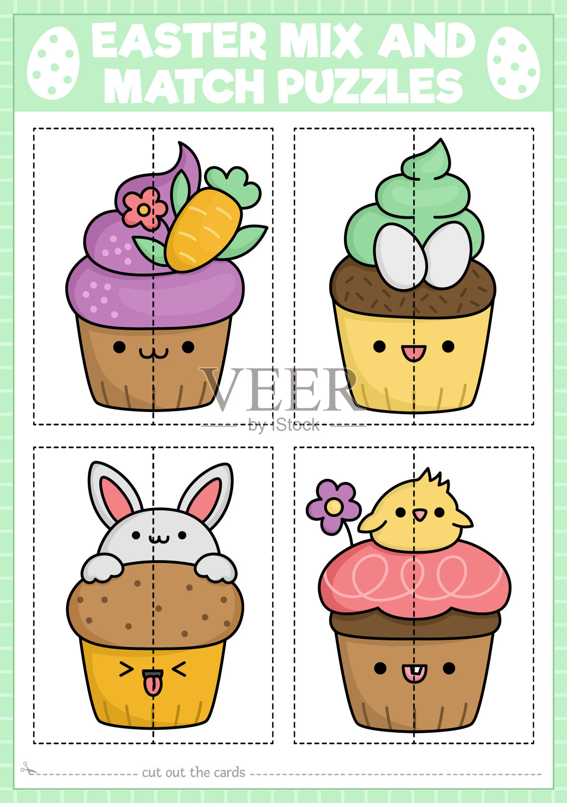 矢量复活节混合和匹配拼图可爱的卡哇伊纸杯蛋糕。适合学龄前儿童的春季假期活动。教育花园游戏杯蛋糕装饰兔子，鸡蛋，小鸡插画图片素材