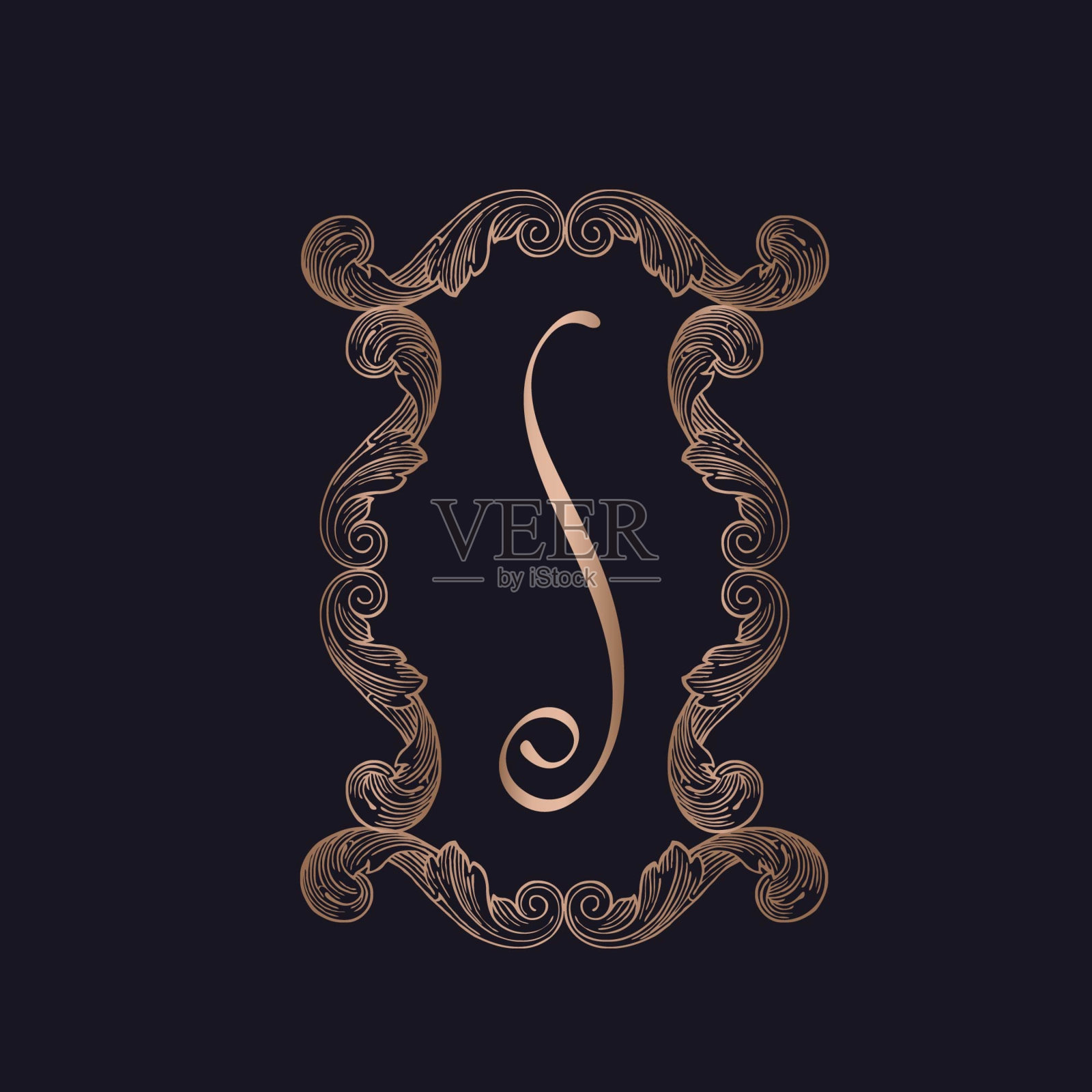 字母S标志。金色大写书法字体，签名字母首字母组合。装饰性花卉框架。设计元素图片