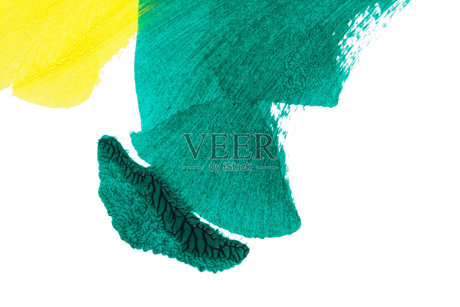 采用罗夏墨渍法在白纸背景上画出绿色黄色抽象丙烯色彩纹理照片摄影图片