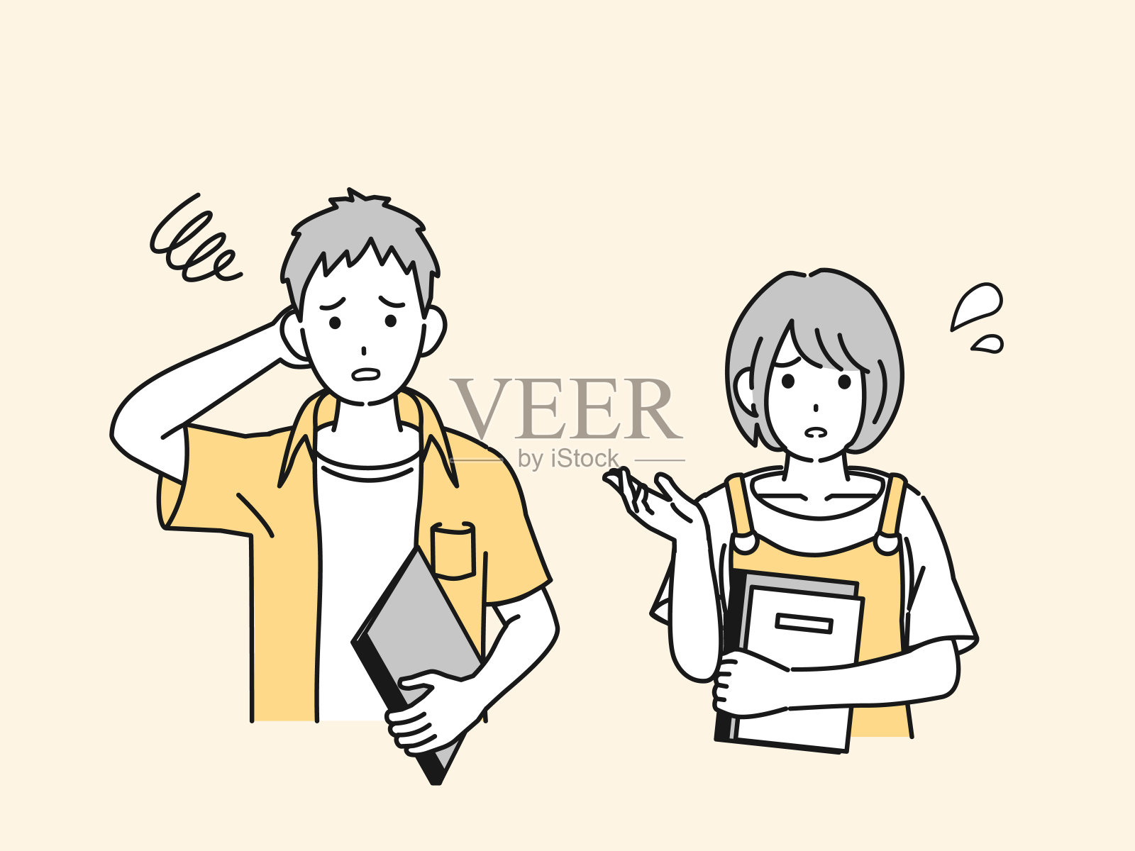 年轻的大学男女有麻烦了插画图片素材