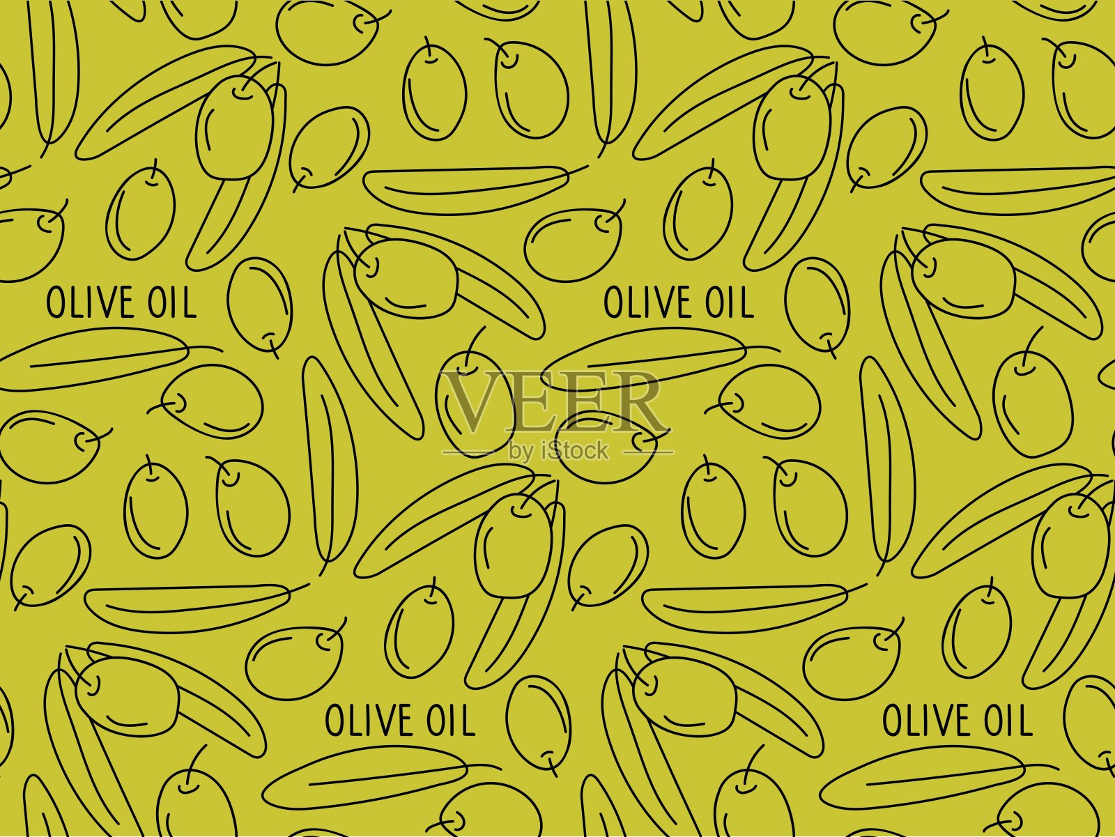 无缝图案与橄榄果线性素描。浆果，叶子背景。重复矢量插图与水果天然有机化妆品，肥皂，油，壁纸，纺织品，包装，剪贴簿。插画图片素材