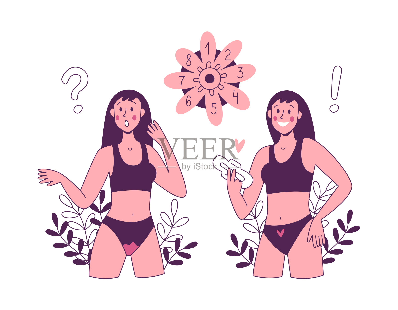 一位穿着内衣的年轻女子在经期使用女性卫生巾。月经期间的保护。矢量平面图插画图片素材