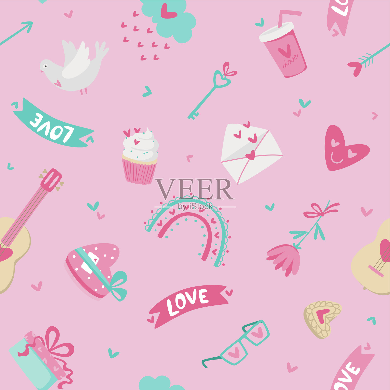 情人节的图案。粉色背景上有爱、爱心、鲜花和糖果。徒手矢量图插画图片素材