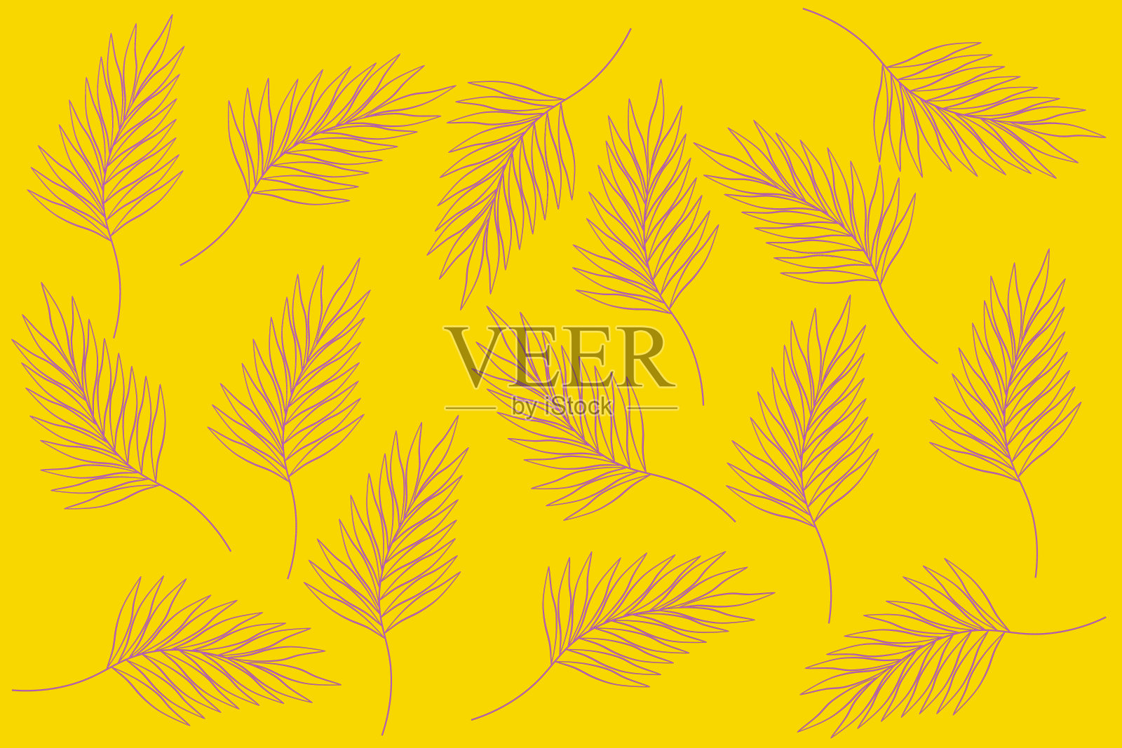 淡紫色叶子的无缝图案，在黄色的背景上。淡紫色叶子的无缝图案，在黄色的背景上。插画图片素材