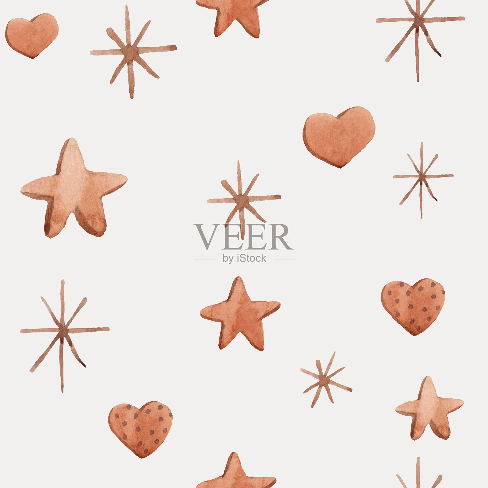 无缝的图案，心形和星星形状的姜饼，水彩，在白色米色背景上，为您设计。插画图片素材