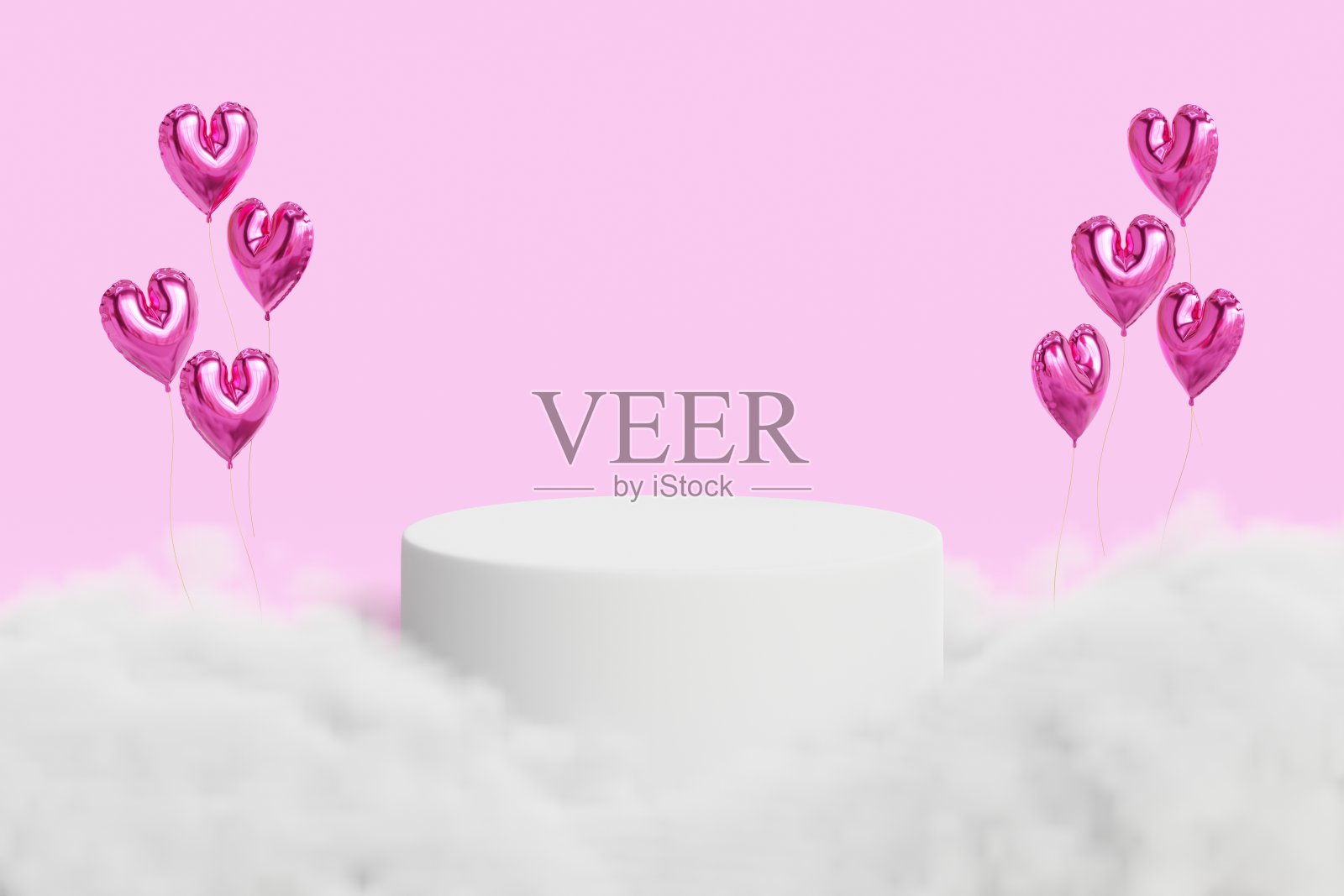 情人节的概念，展示产品的讲台和粉红色的心气球，云- 3d渲染。照片摄影图片