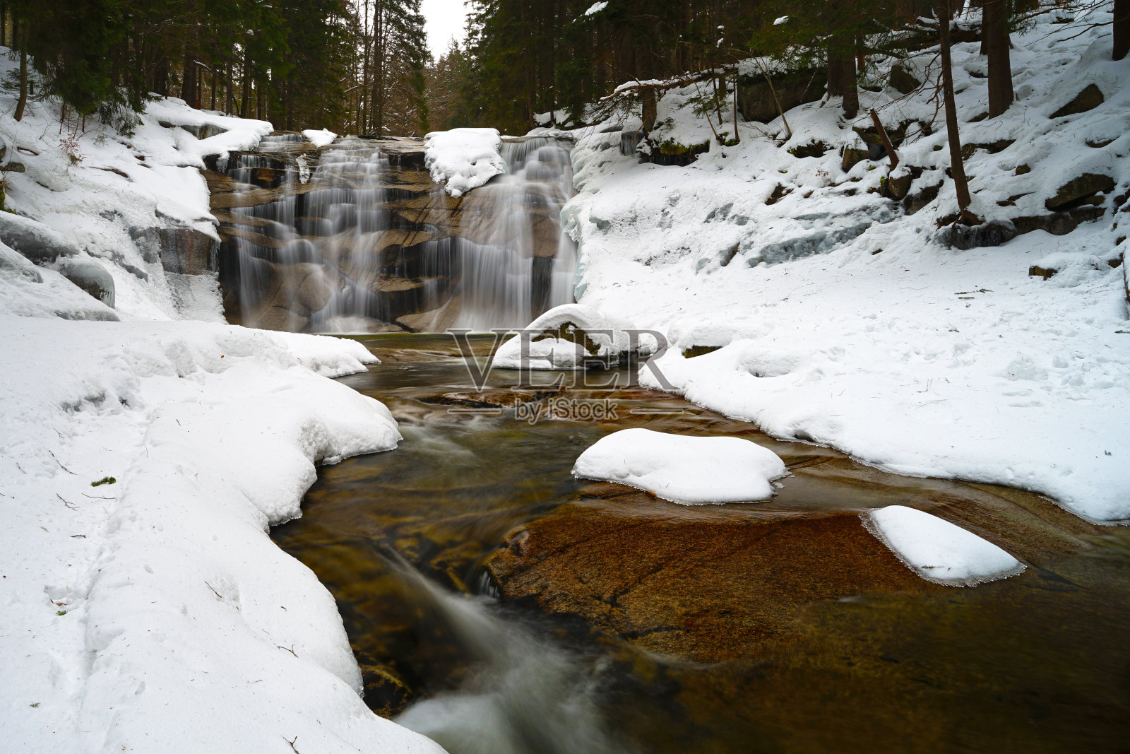 美丽的mumlavlava瀑布(Mumlavske vodopady)在冬季被冰雪覆盖，是巨人山脉(Krkonose)的热门徒步旅行和旅游地标，长时间的博览会与模糊的水照片摄影图片