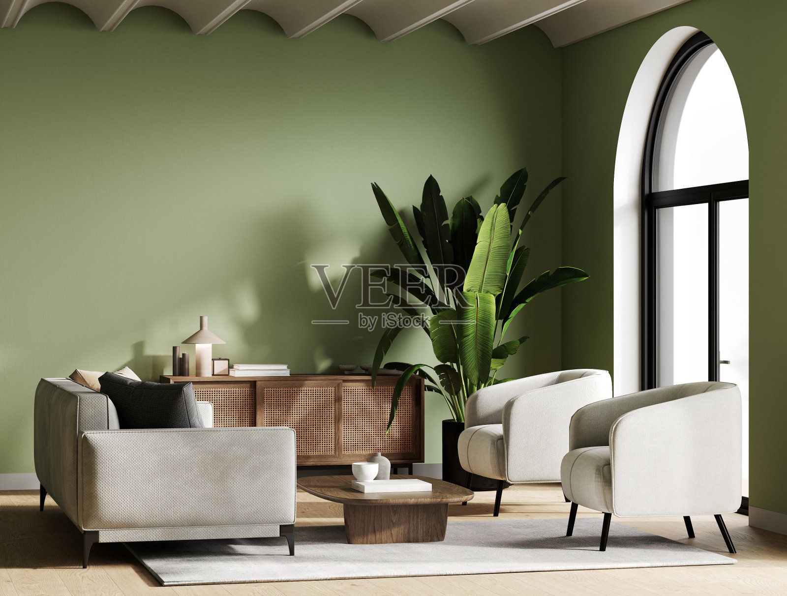 简单的现代室内背景与最小的家具，绿色墙壁模型，3d渲染照片摄影图片