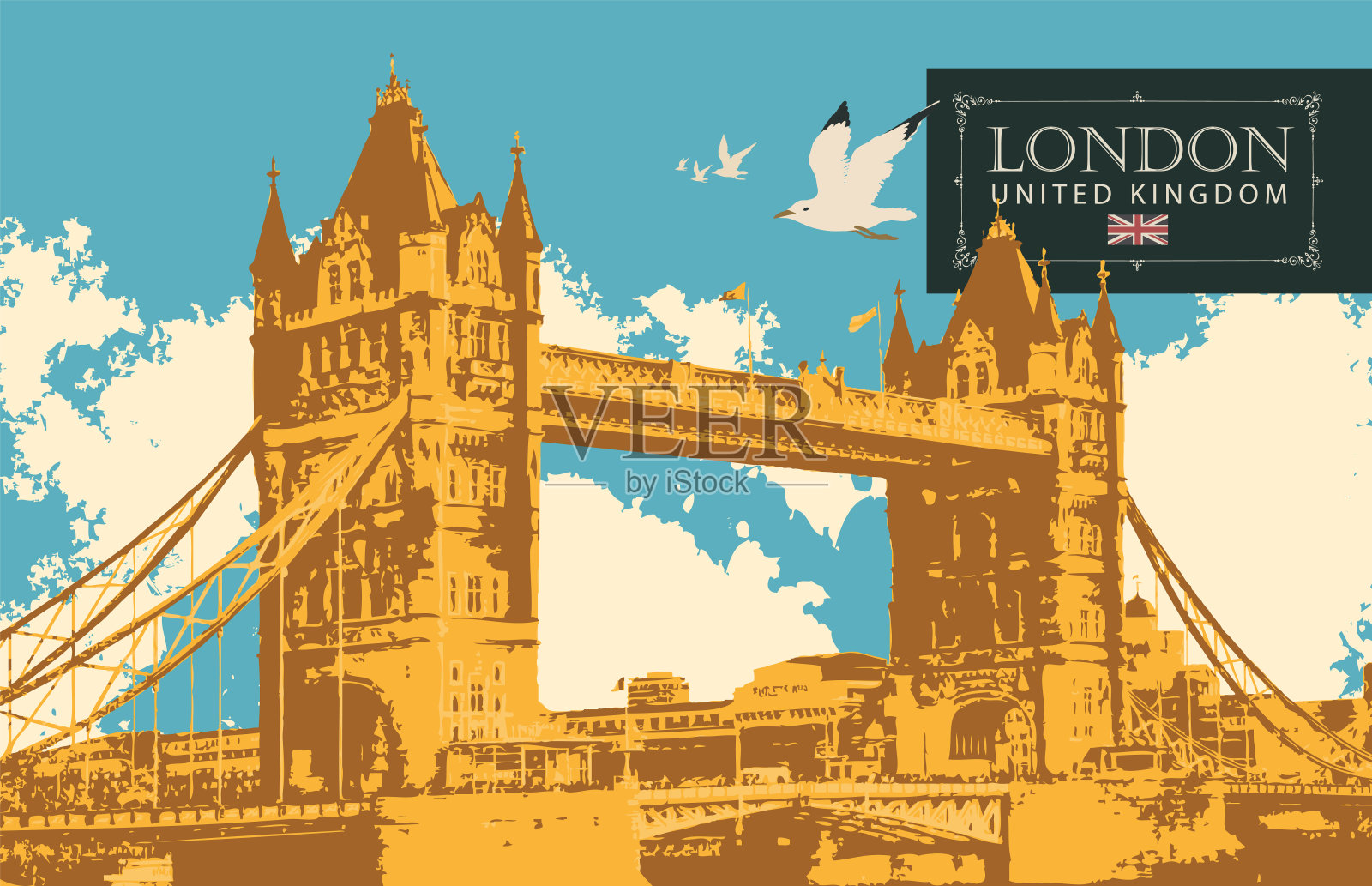 印有著名伦敦塔桥的复古明信片插画图片素材