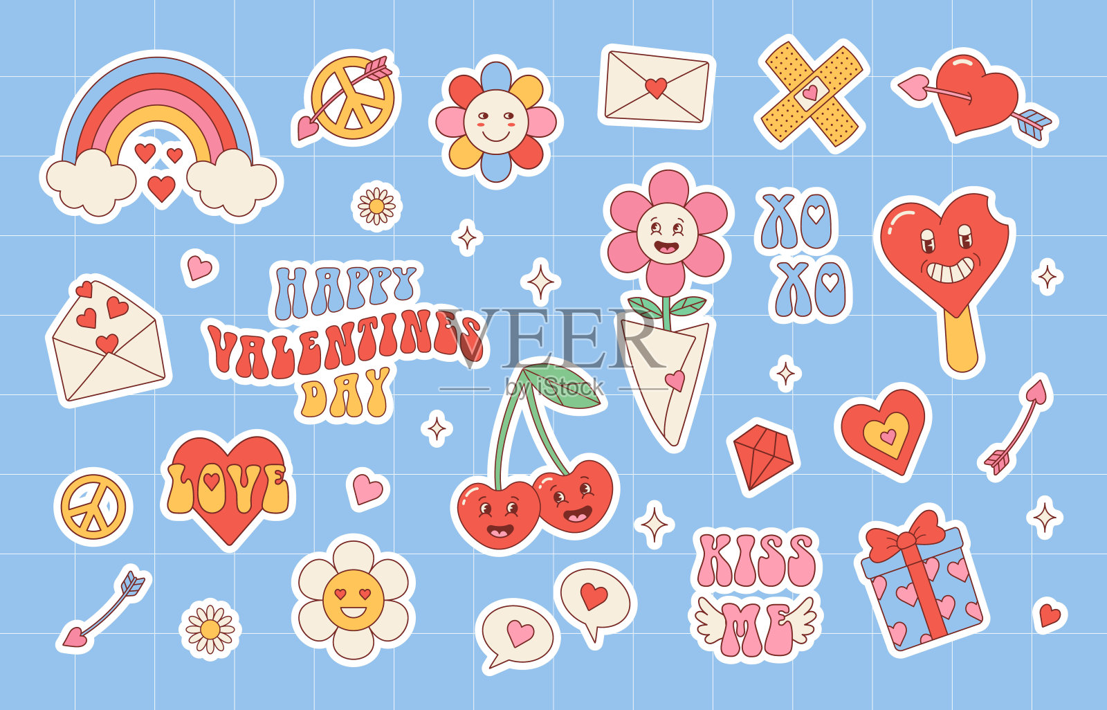 绝妙的嬉皮爱情贴纸。复古情人节快乐。漫画快乐的角色在时尚的复古六七十年代卡通风格。向量集复古元素。插画图片素材