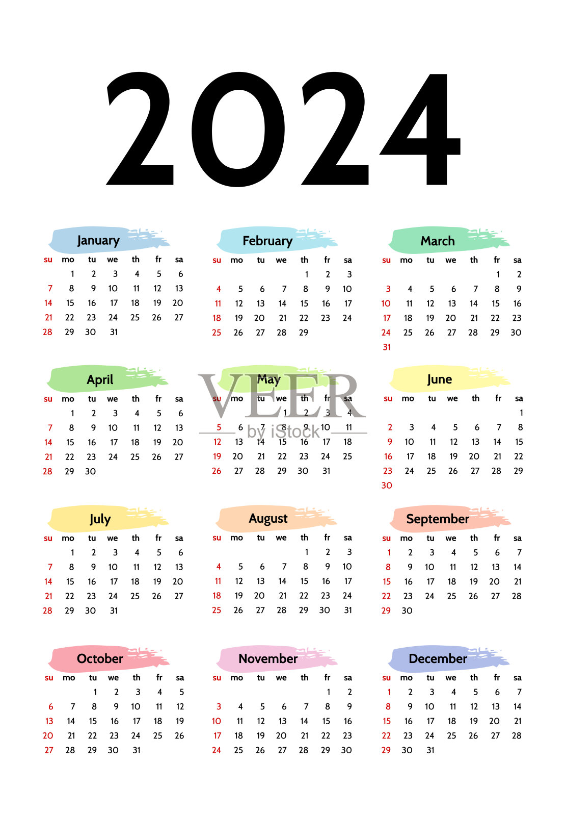 2024年的日历被隔离在白色背景上插画图片素材