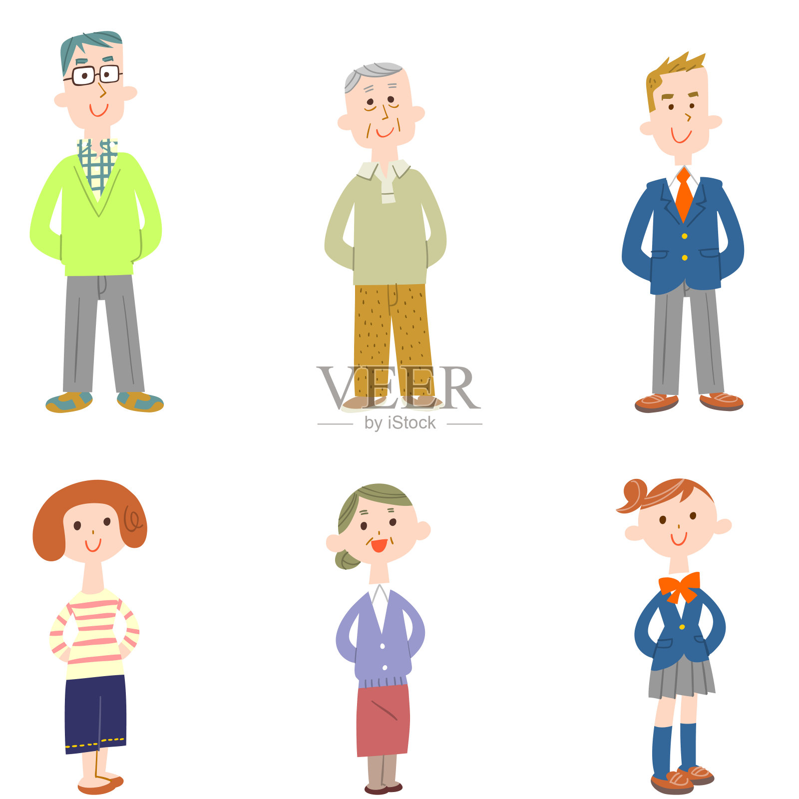 一组不同年代的人站在一起，双手在背后插画图片素材