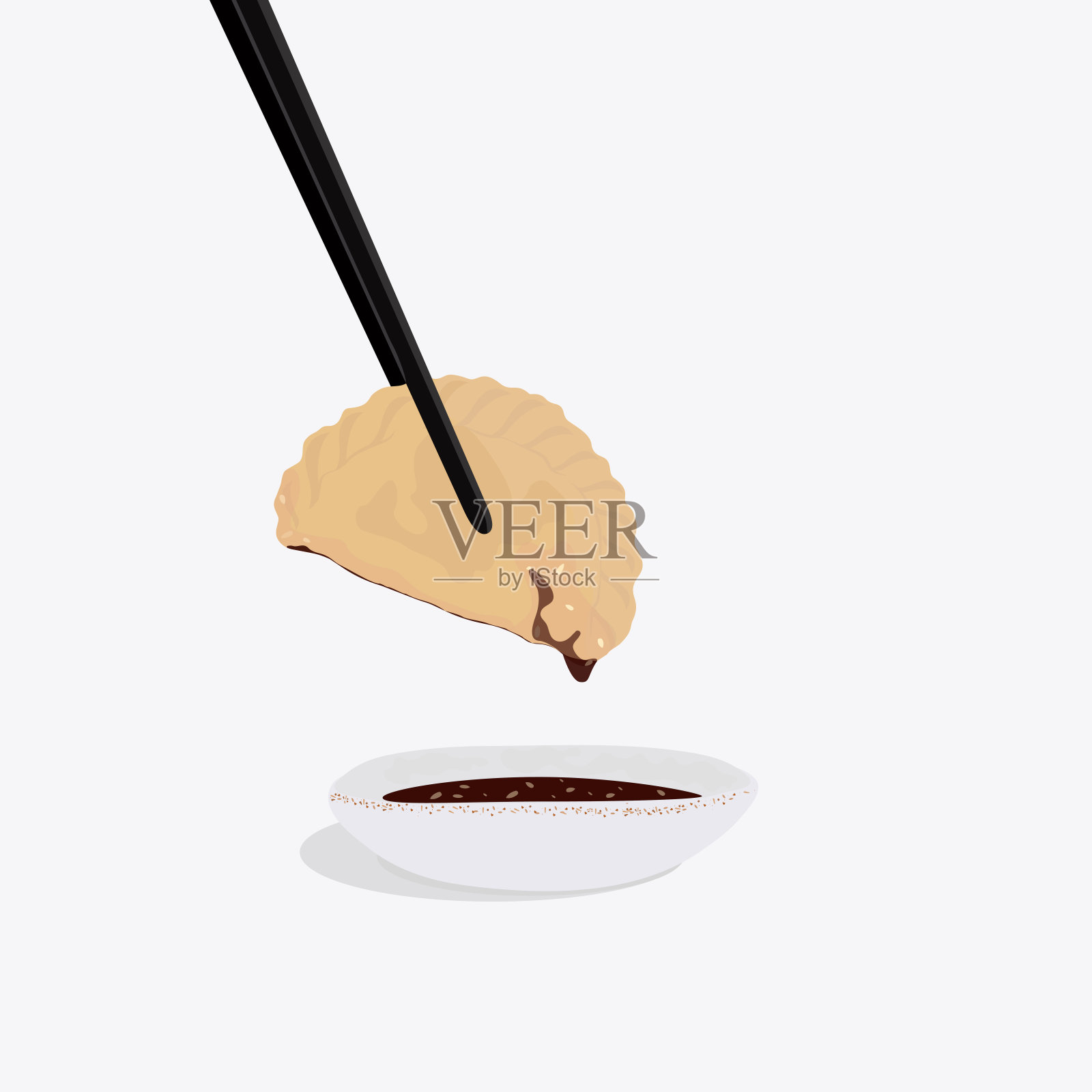 中国鸡肉饺子，里面有鸡肉和蔬菜馅，还有筷子。插画图片素材