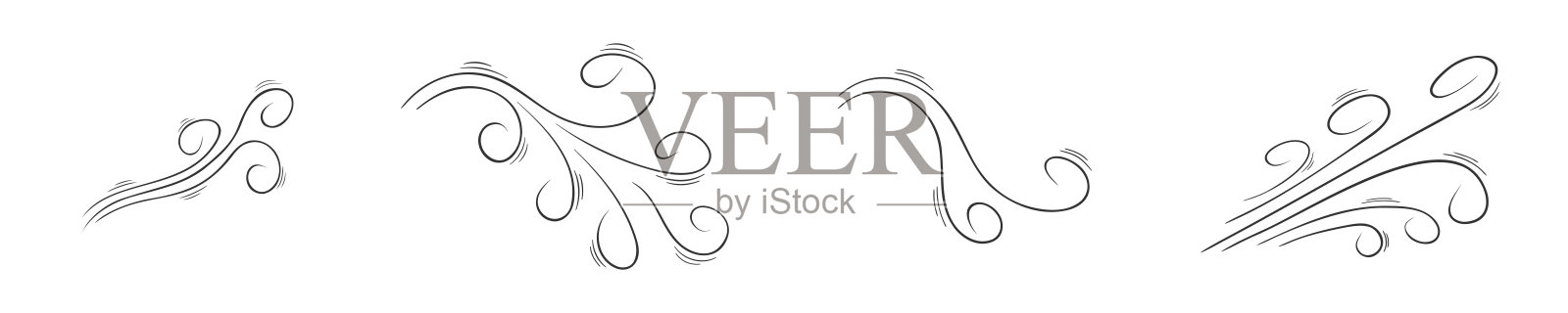 一组手绘气流图标。涂鸦风吹效果收集。漩涡、阵风、烟雾、灰尘草图孤立在白色背景上。矢量轮廓图插画图片素材