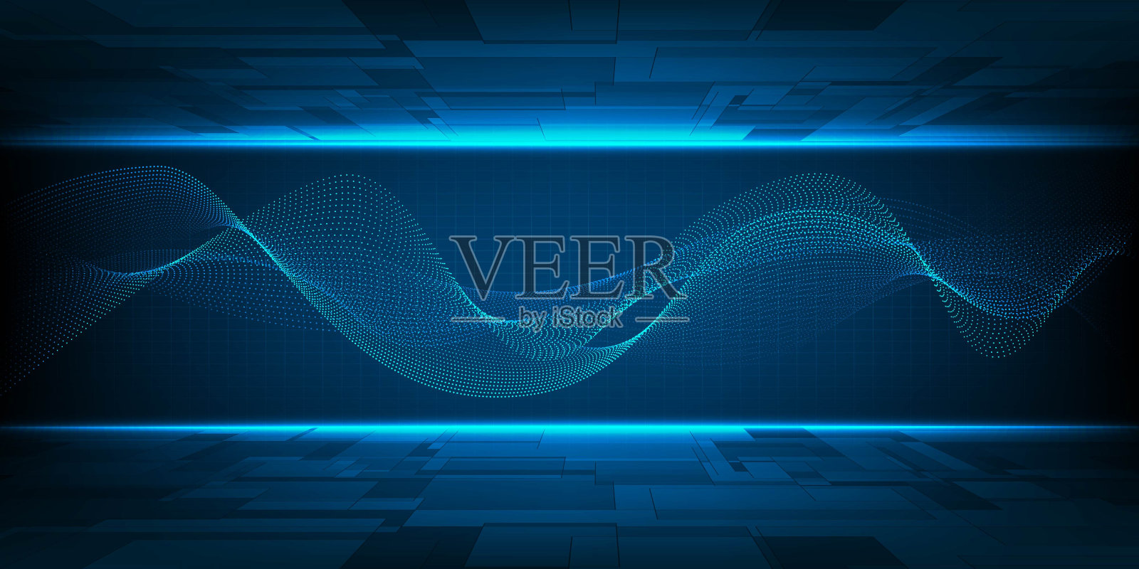 矢量插图的未来数字水平空间与网络波形和数字元素抽象蓝色未来科技艺术品。未来和数字技术概念。插画图片素材