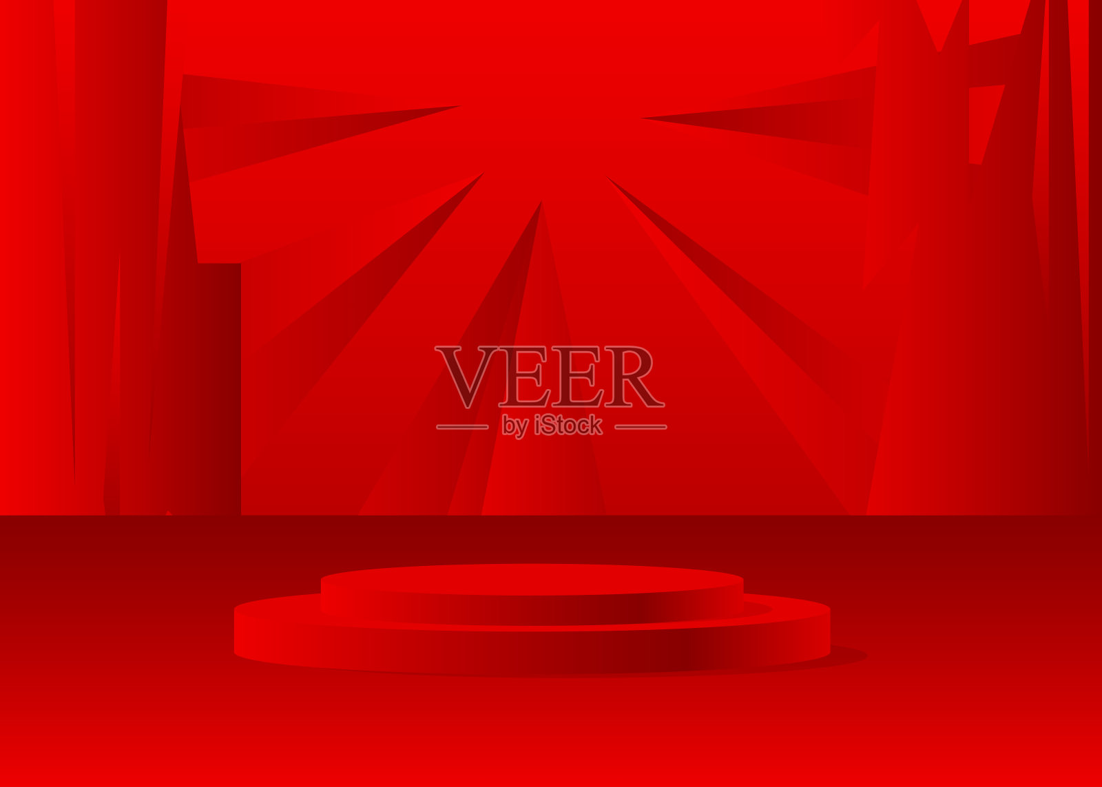 红色逼真的产品模型展示。摘要矢量三维空间，柱体基座裙房。用于展示的舞台展示柜。未来科幻最小几何形式，空场景。插画图片素材