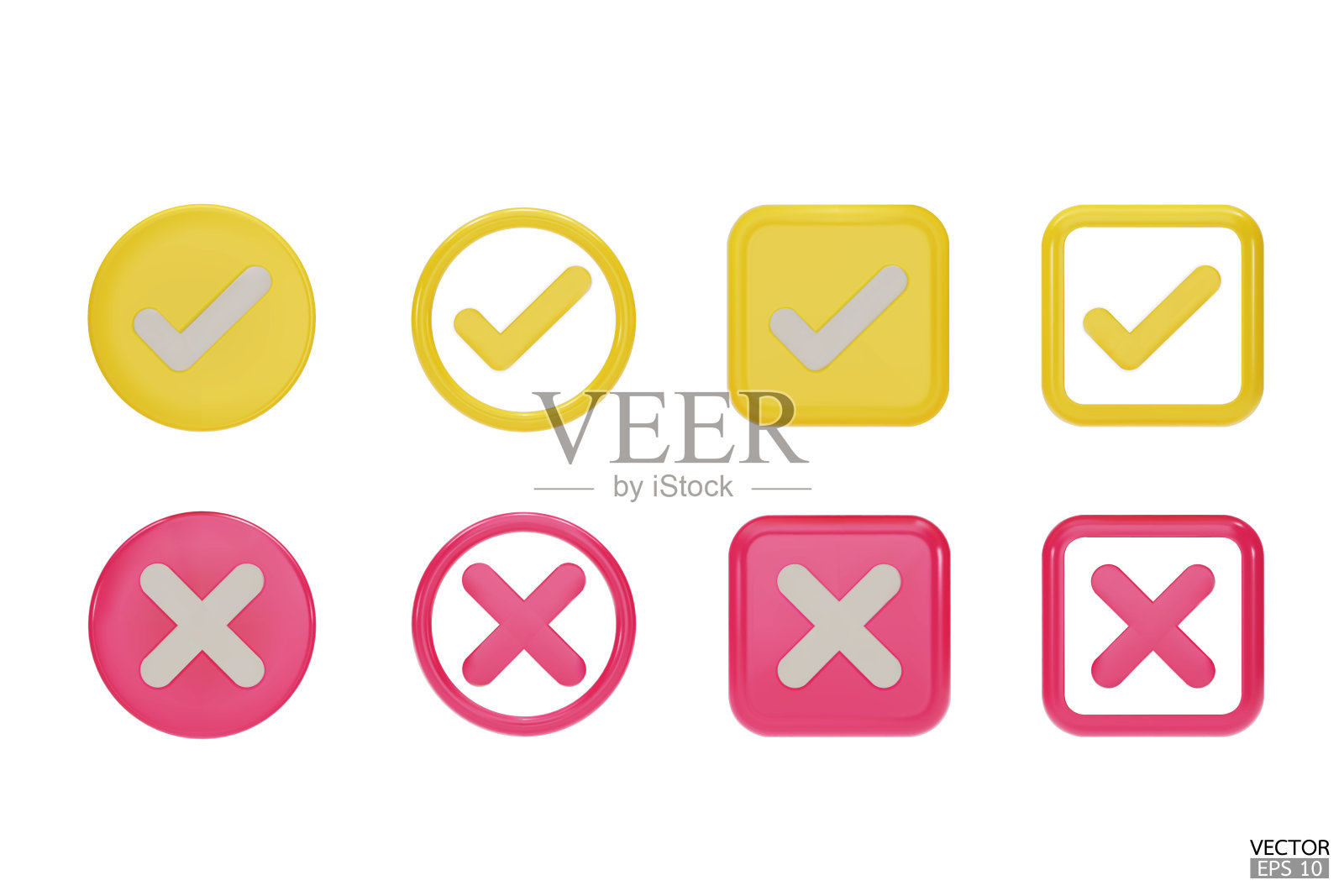3D标记和X标记图标集。黄色和粉色右标记符号，勾符号。检查和取消web和移动应用程序。三维矢量插图。图标素材