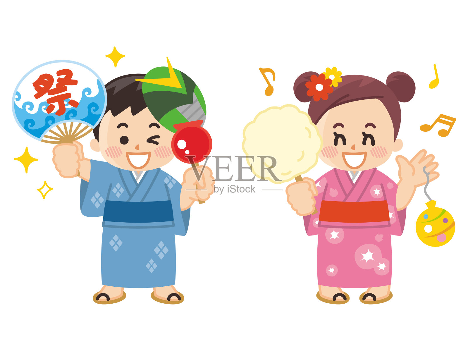 孩子们在夏日祭典上穿着浴衣插画图片素材