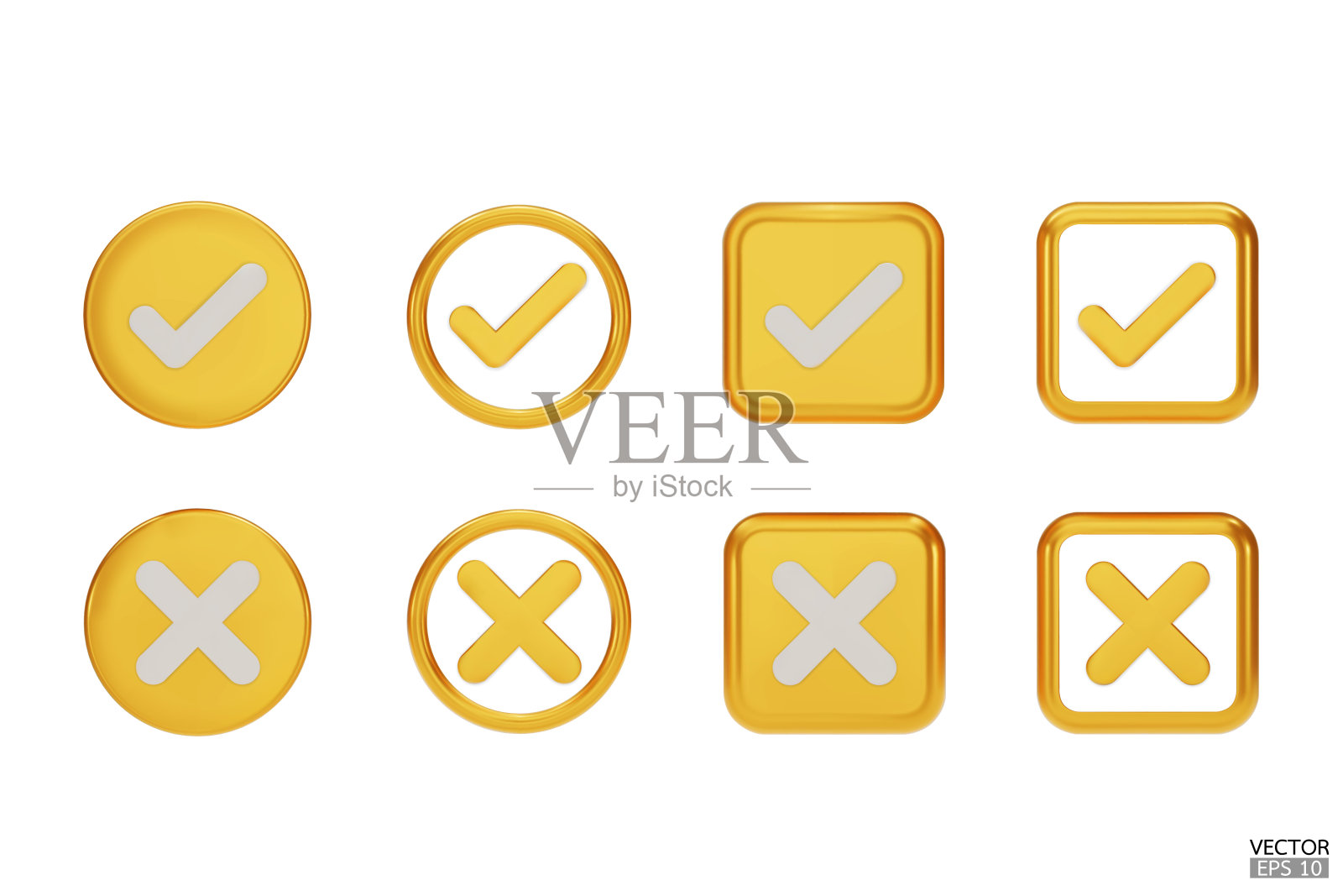 3D黄金复选标记和X标记图标集。选中右边的符号，打勾。检查和取消web和移动应用程序。三维矢量插图。图标素材