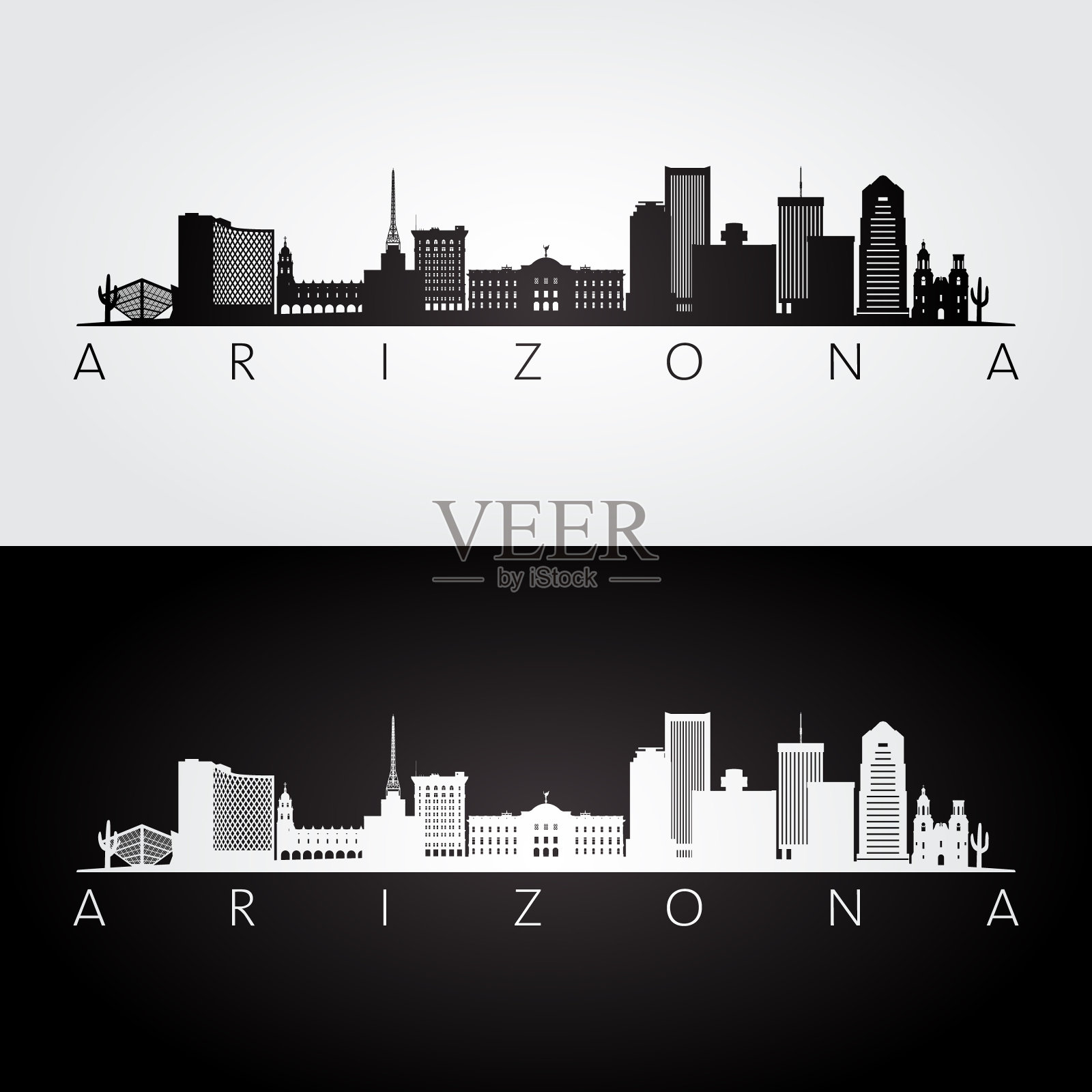亚利桑那州天际线和地标剪影，黑色和白色的设计。矢量插图。插画图片素材