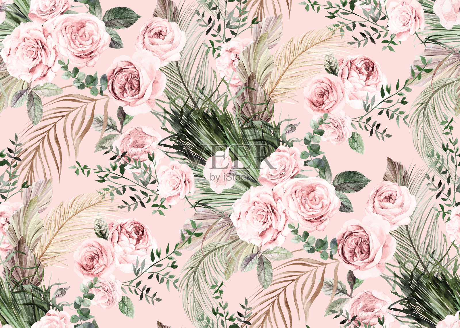 无缝水彩图案与鲜花精致的玫瑰和干燥的枝叶棕榈树插画图片素材