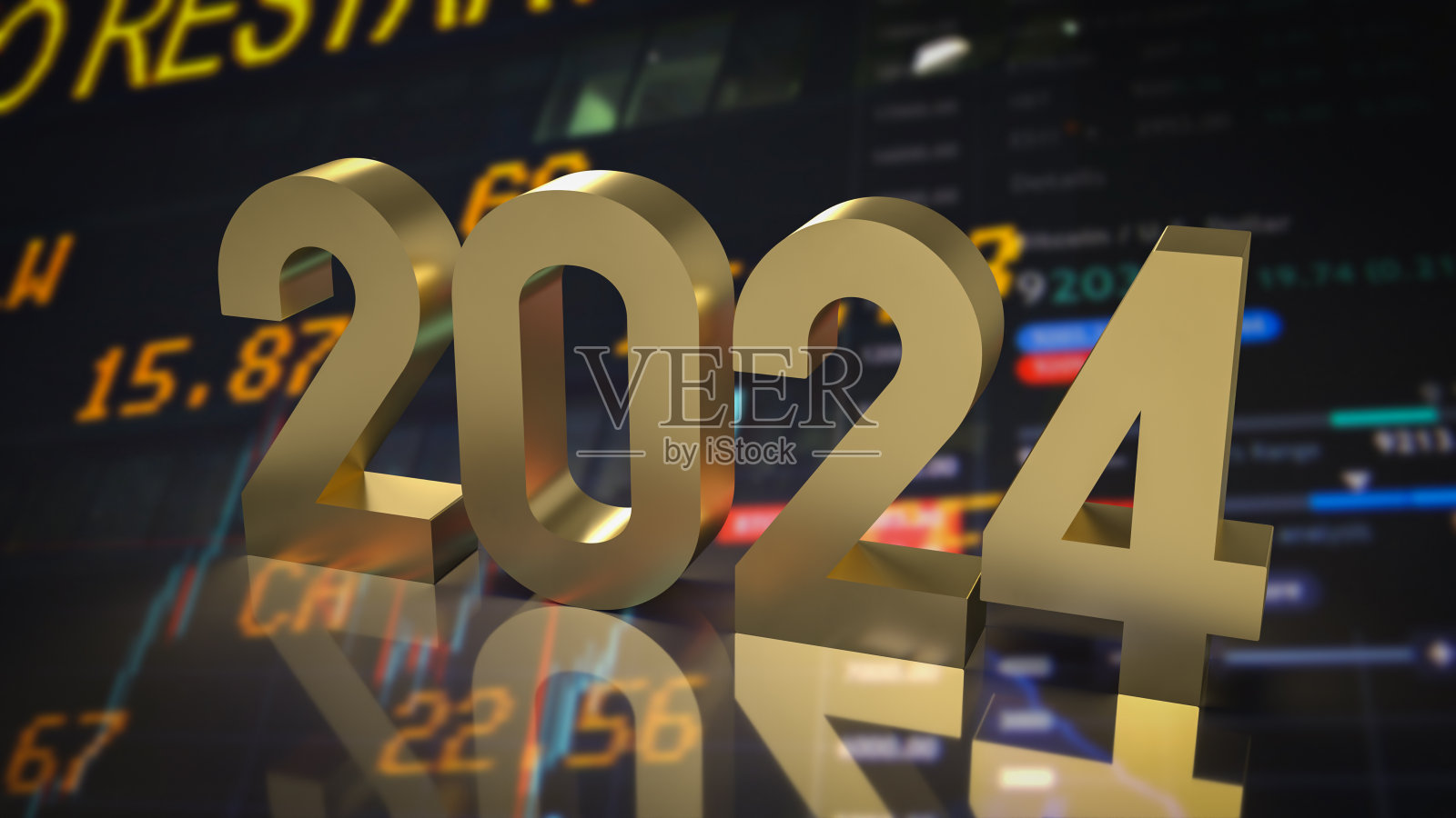 黄金数字2024为新年概念3d渲染。照片摄影图片