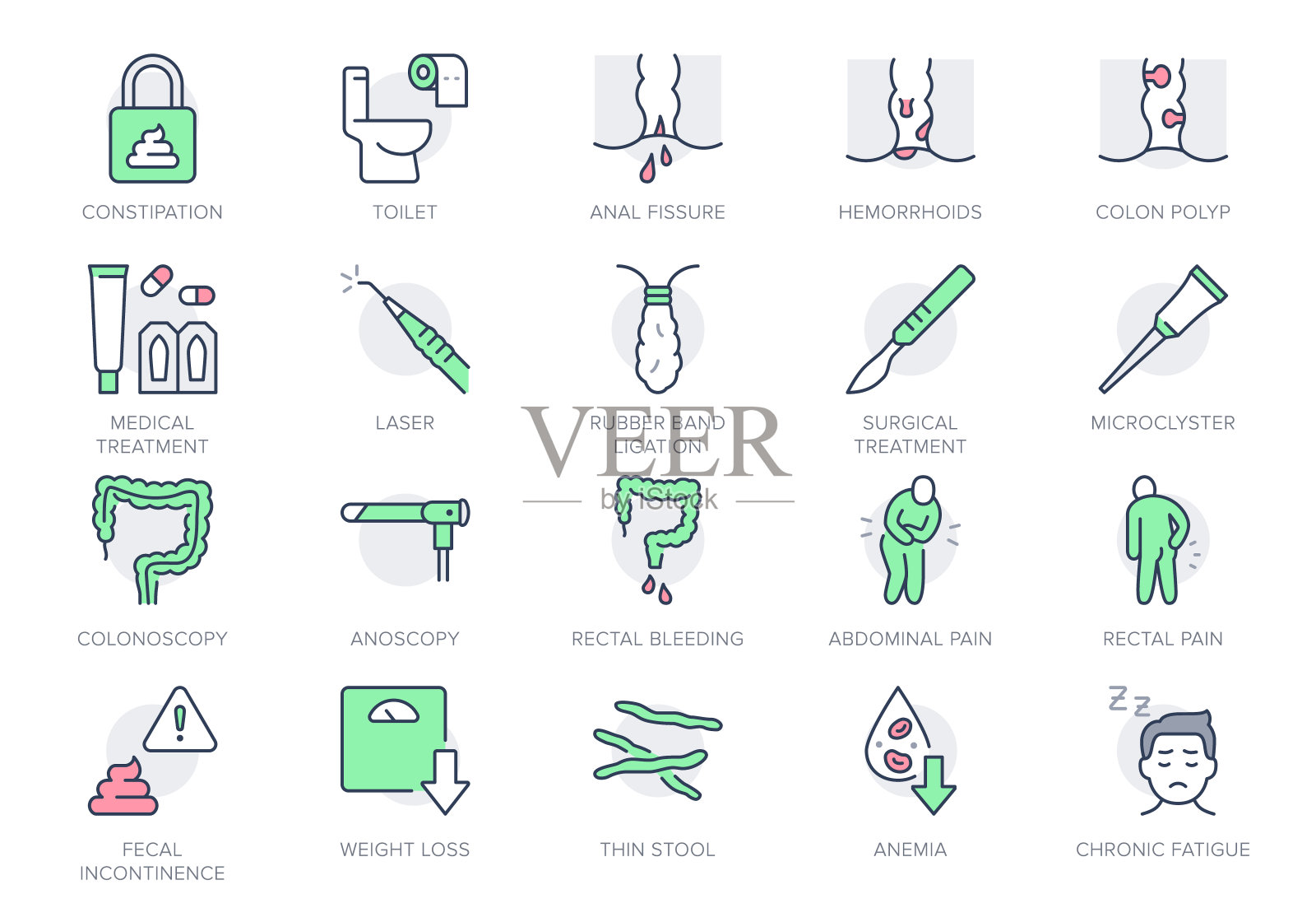 直肠科的线条图标。矢量插图包括厕纸图标、结肠、息肉、栓剂、肛裂轮廓象形图，用于痔疮症状。绿色和红色，可编辑的笔画图标素材