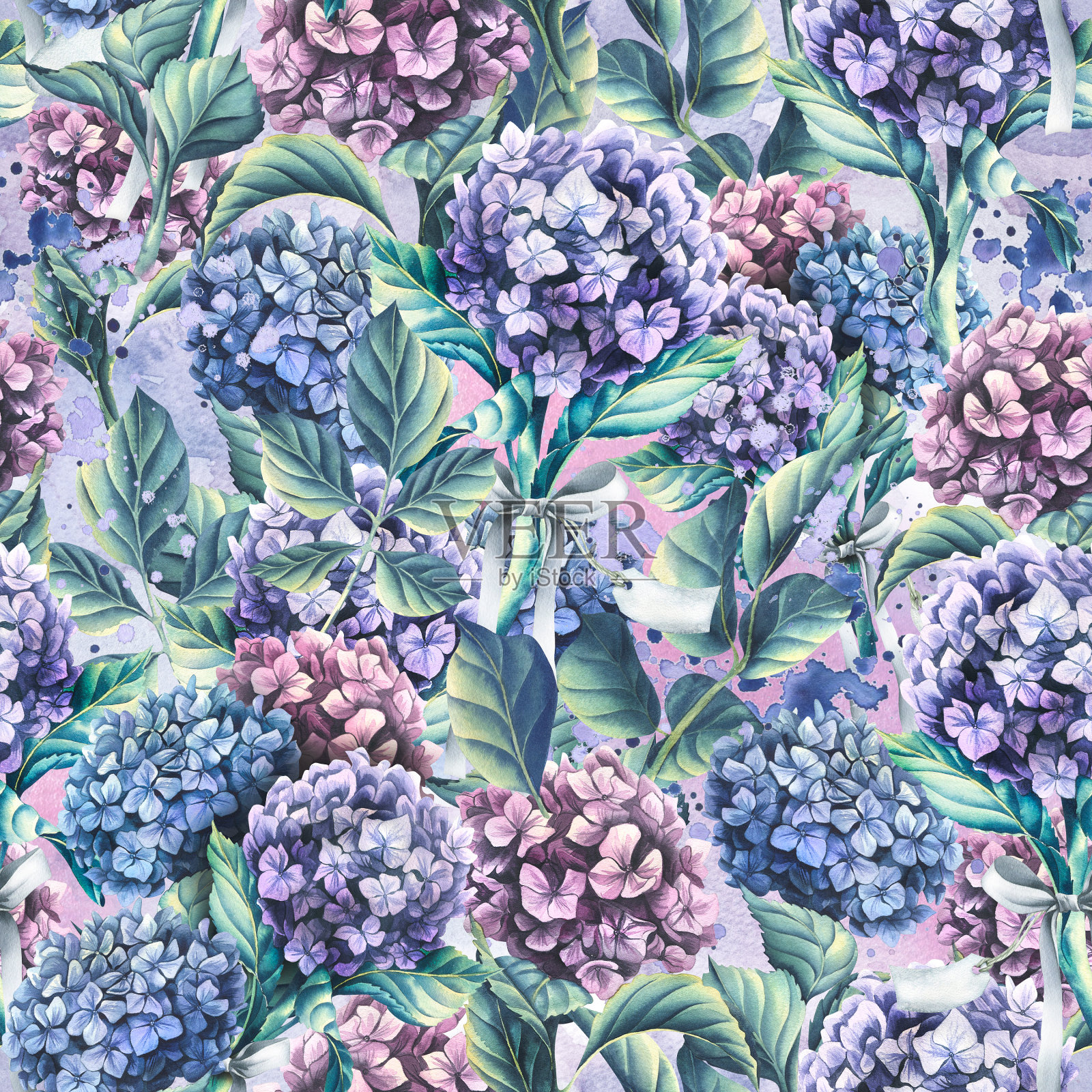 绣球花有蓝色、淡紫色和粉色，花束上有缎带，还有一个写有铭文的纸标签。水彩插图。无缝模式从收集婚礼花插画图片素材