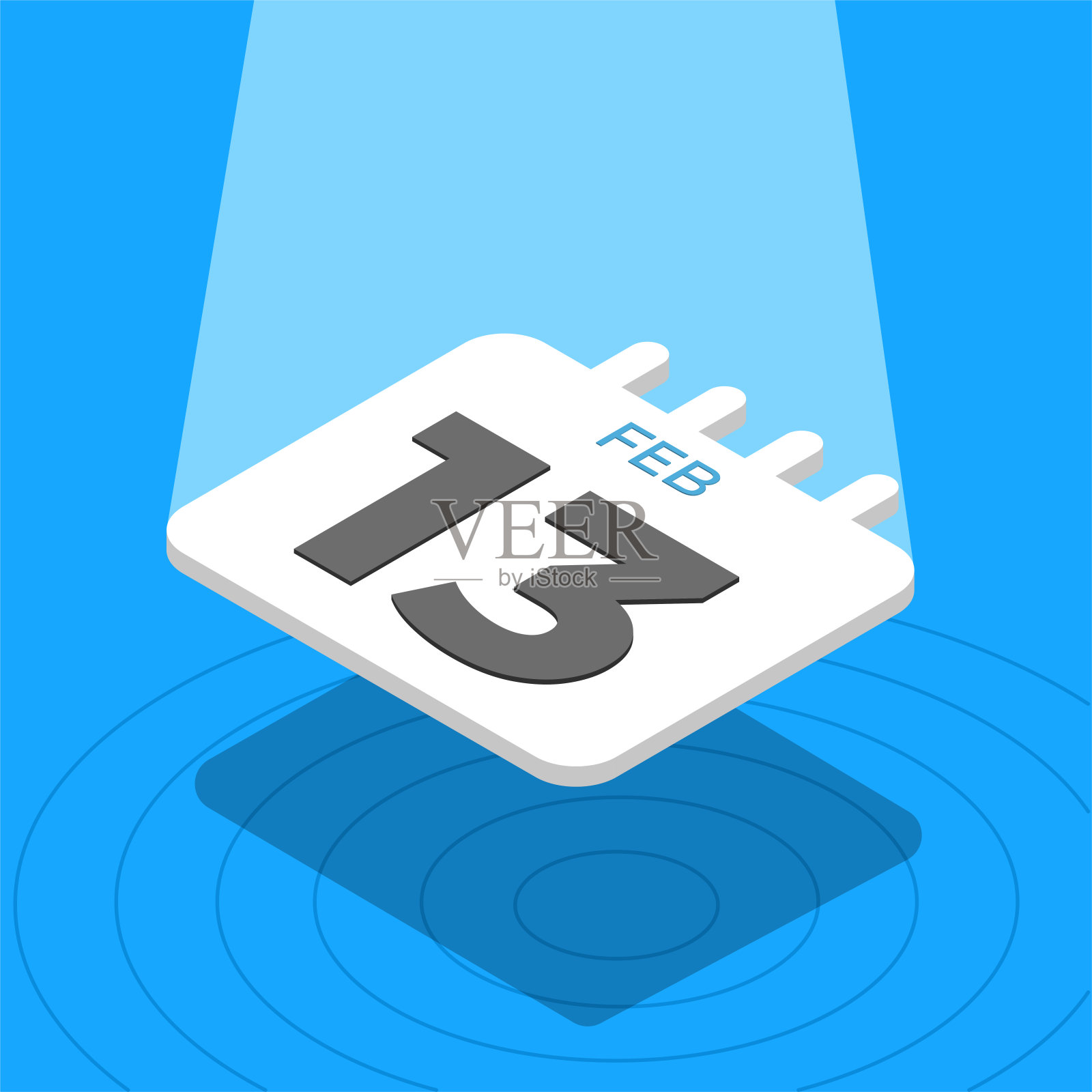 2月13日- 3D日历浮动与聚光灯在蓝色背景插画图片素材