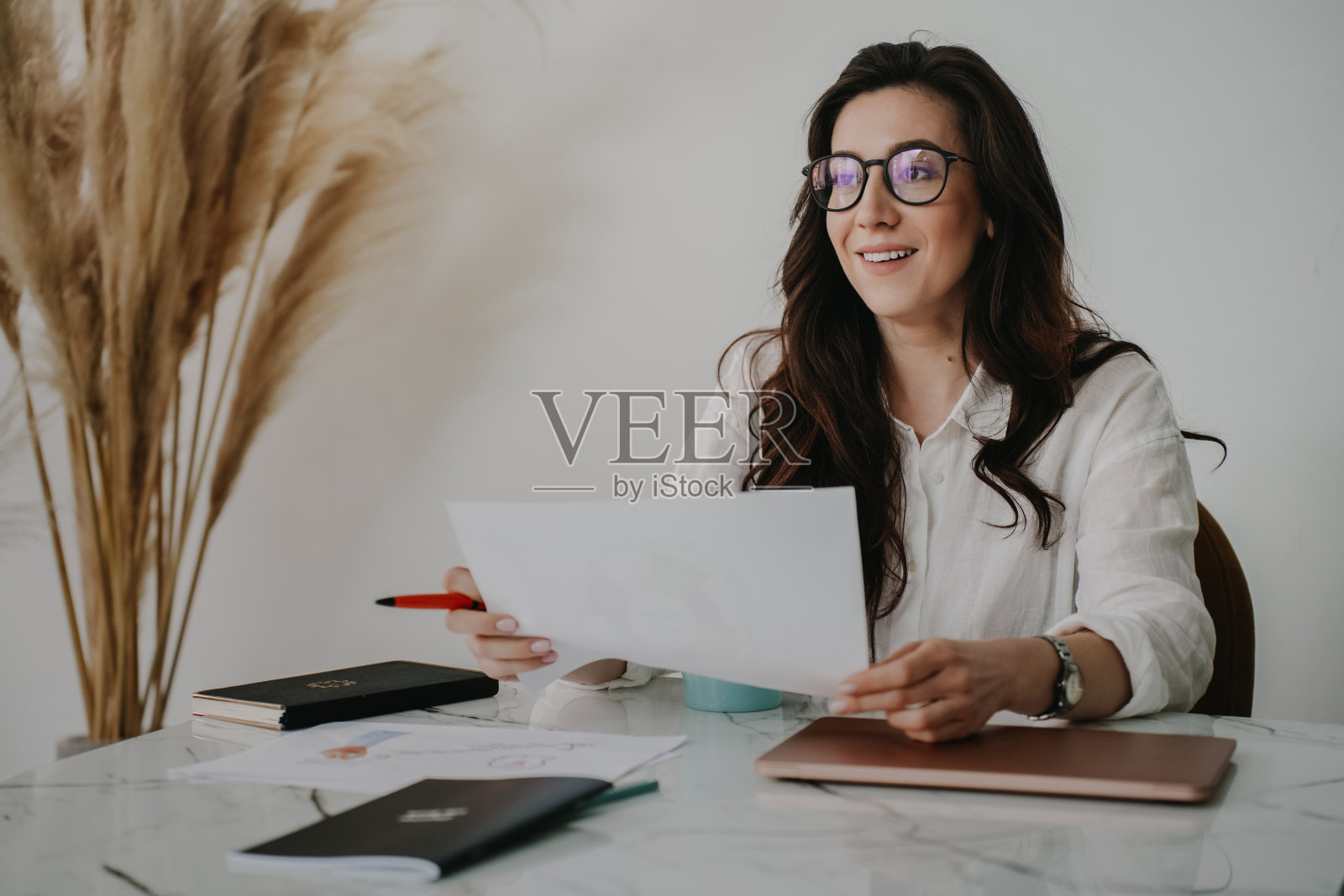 成功的深色头发的女人在白衬衫，眼镜坐在桌子上笔记本电脑笔记本持有纸看一边愉快地满足完成的项目。美丽的女老师备课照片摄影图片