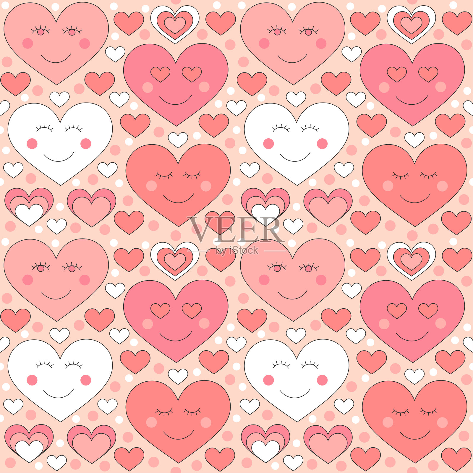 无缝模式与复古粉红色的心和微笑。插画图片素材