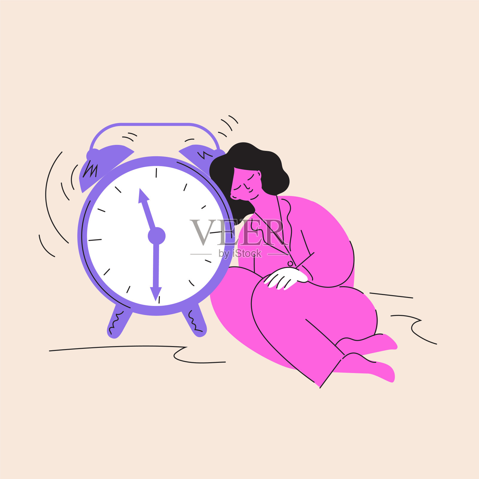 早上叫闹钟。在响铃旁睡觉的女人插画图片素材