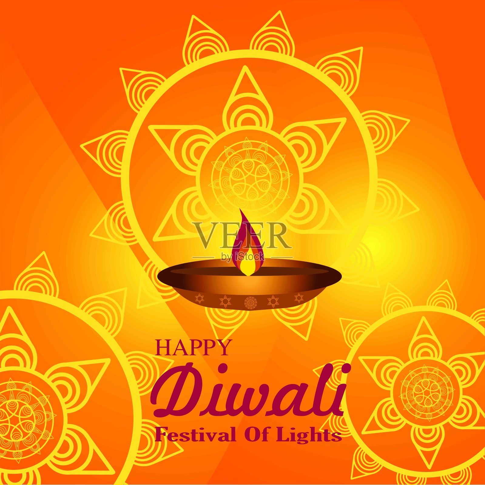 快乐的排灯节。灯节海报设计墙纸。背景与花卉元素和曼荼罗矢量设计模板素材