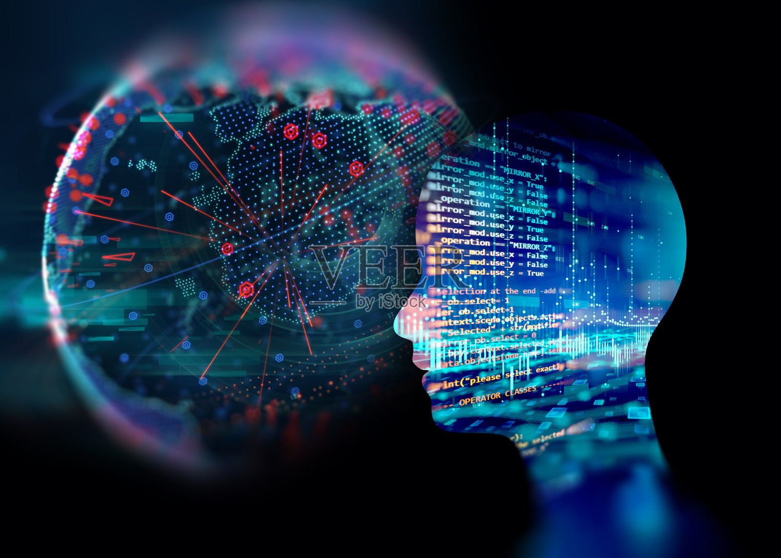 人工智能全息图的三维插图与技术图形。照片摄影图片