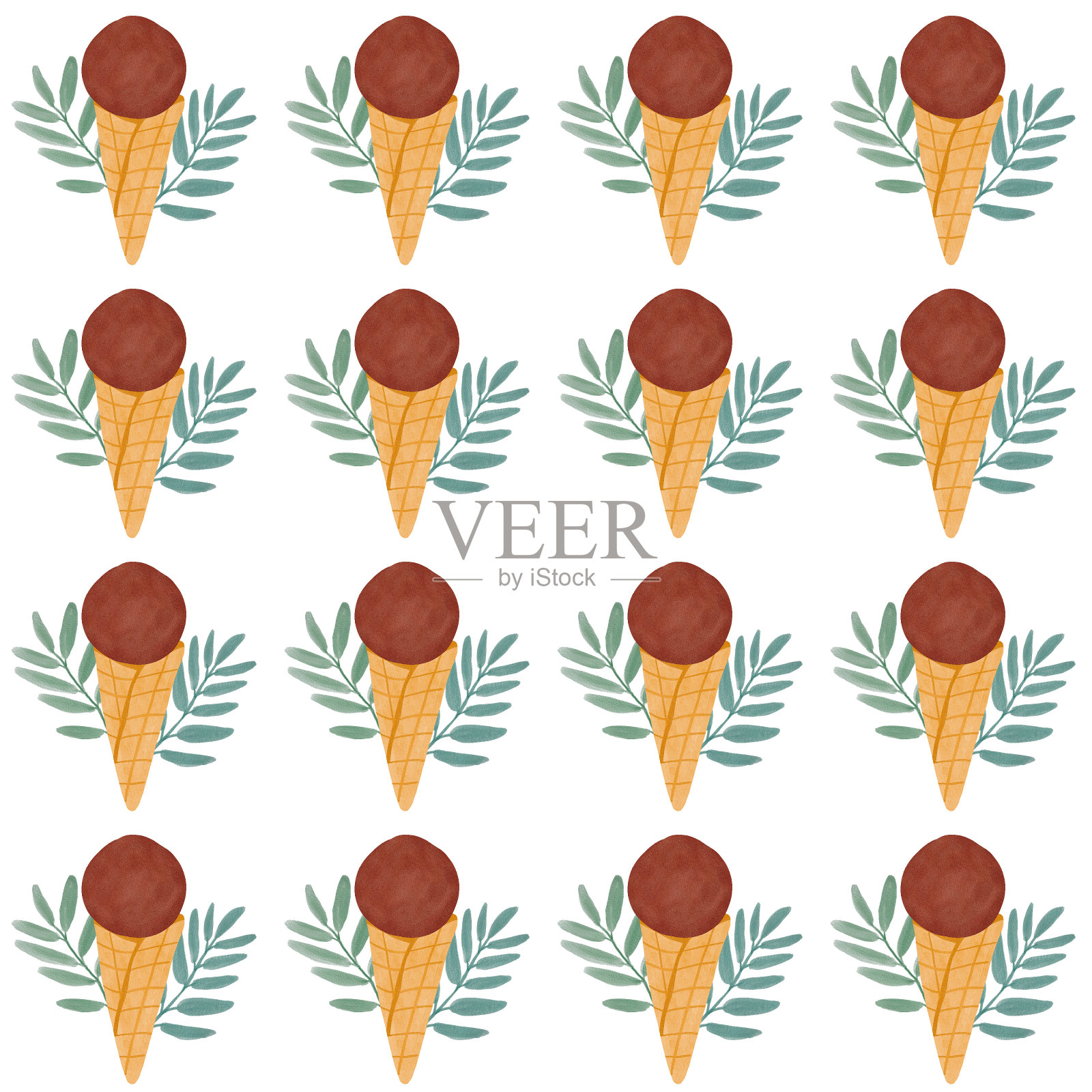 华夫蛋筒冰淇淋水彩无缝图案。夏日冰淇淋数码纸图案，白色背景。插画图片素材