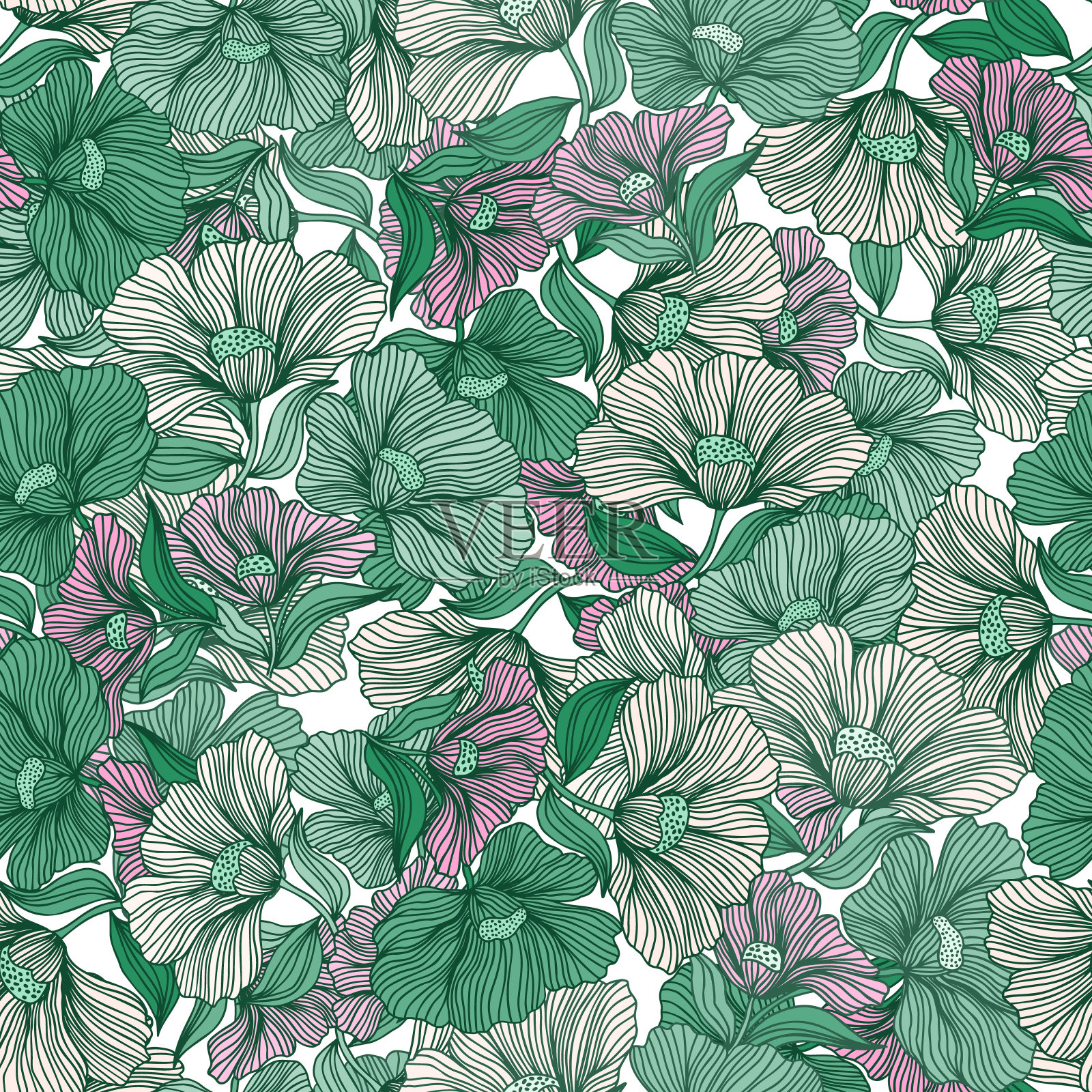 抽象花线无缝图案。精致的复古花卉勾勒出无尽的背景。复古的风格。插画图片素材