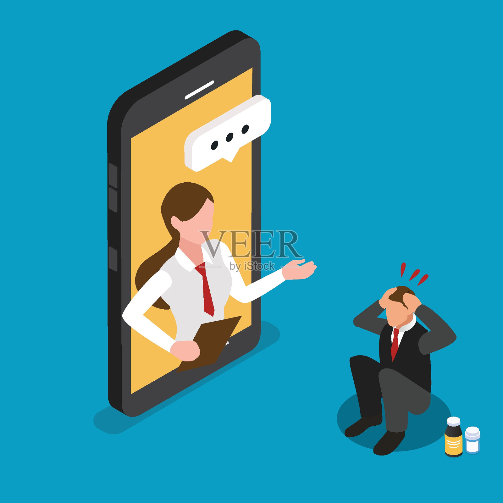 男人用智能手机与心理医生在线交流插画图片素材