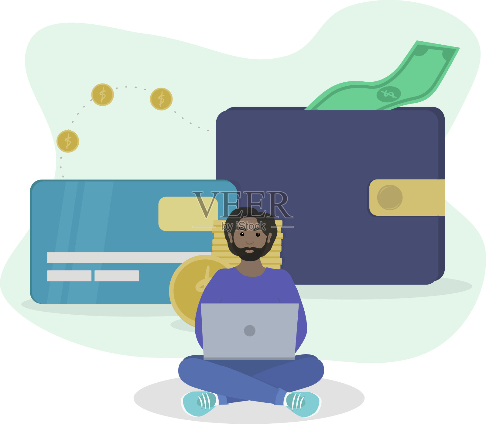 通货膨胀的概念，一个人坐在地板上检查银行账户。插画图片素材