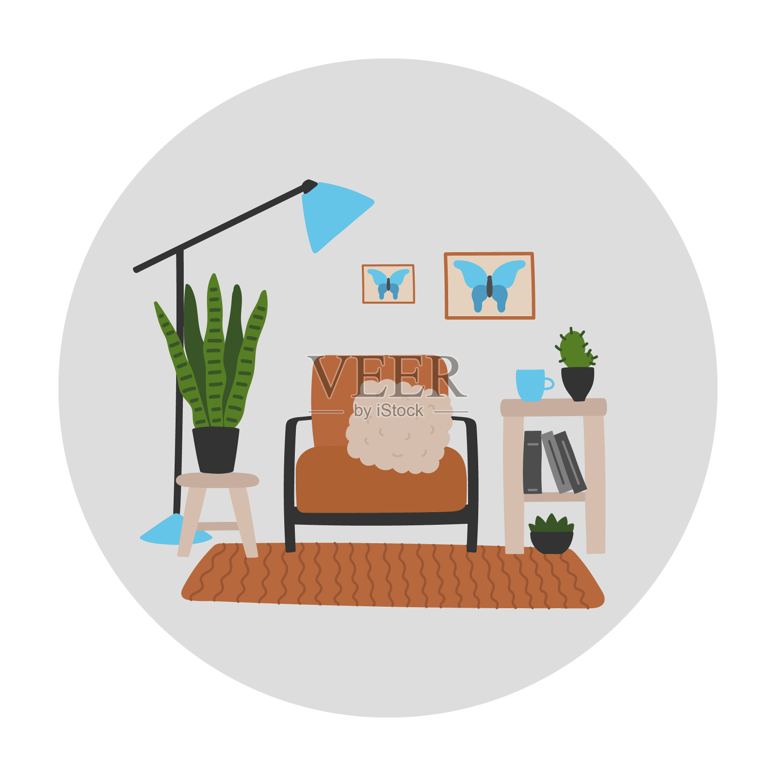 矢量平面插图与客厅内部插画图片素材