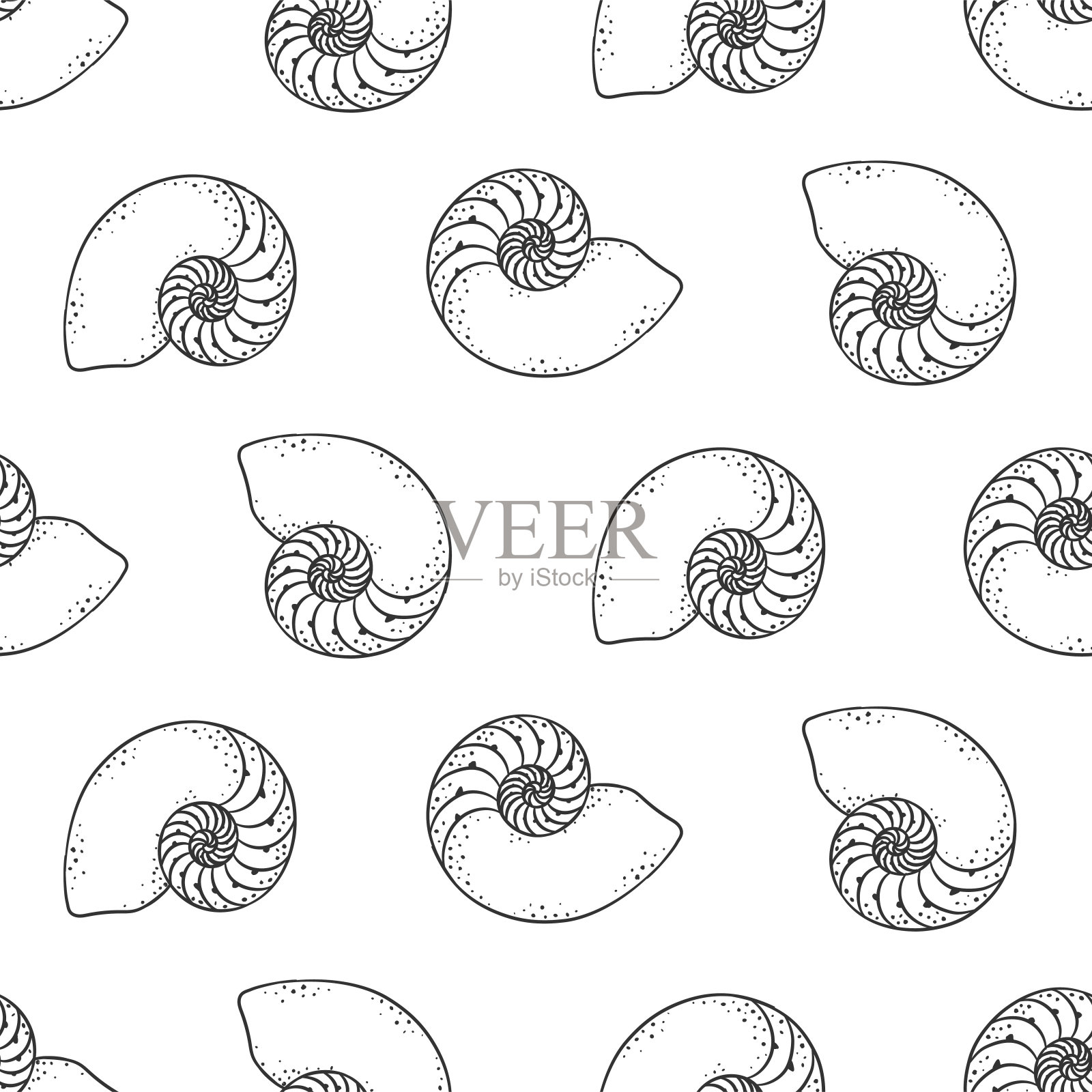 螺旋贝壳无缝模式背景矢量插图。手绘水生海洋生物壁纸插画图片素材