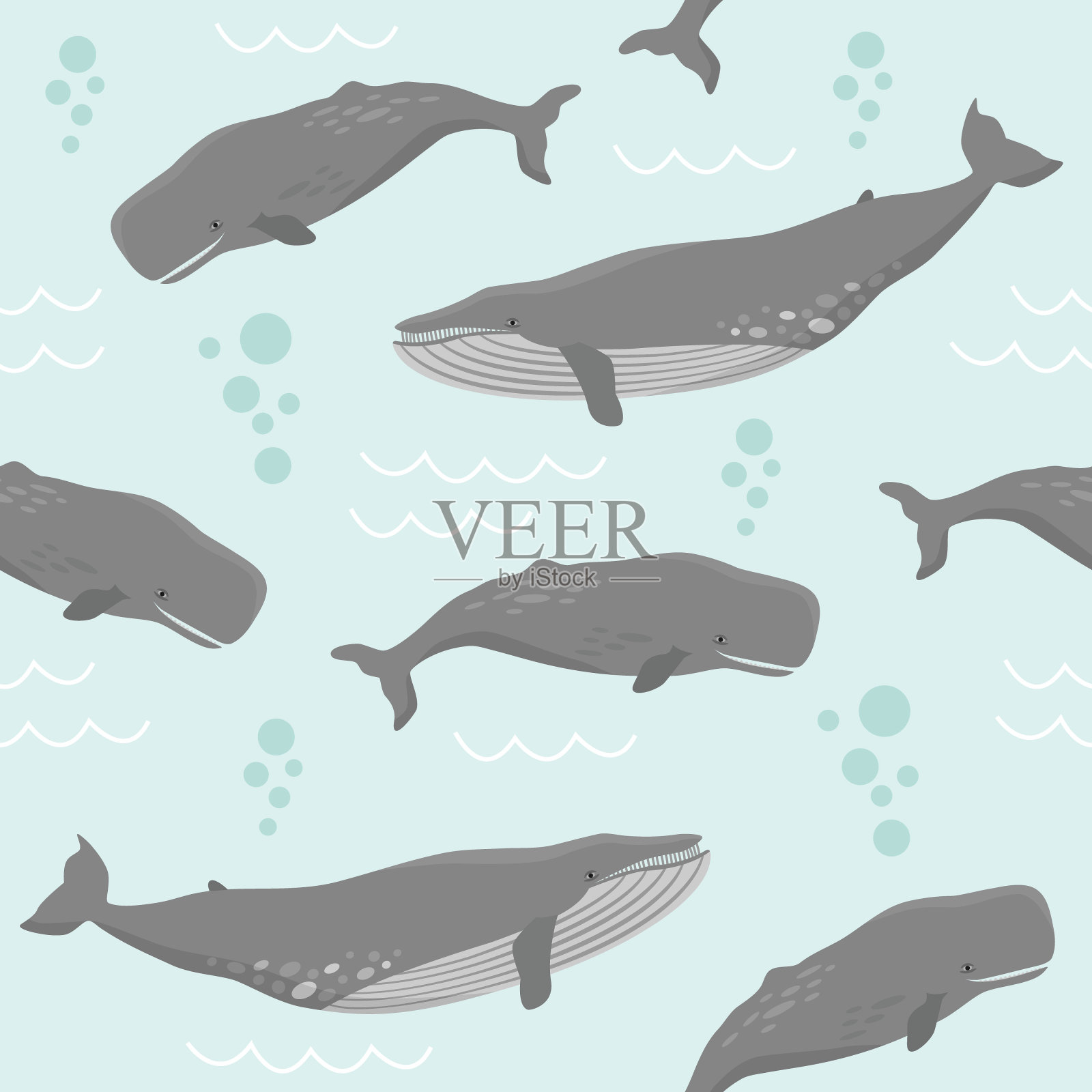 无缝模式与鲸鱼。蓝鲸和抹香鲸在水下游泳。设计元素图片
