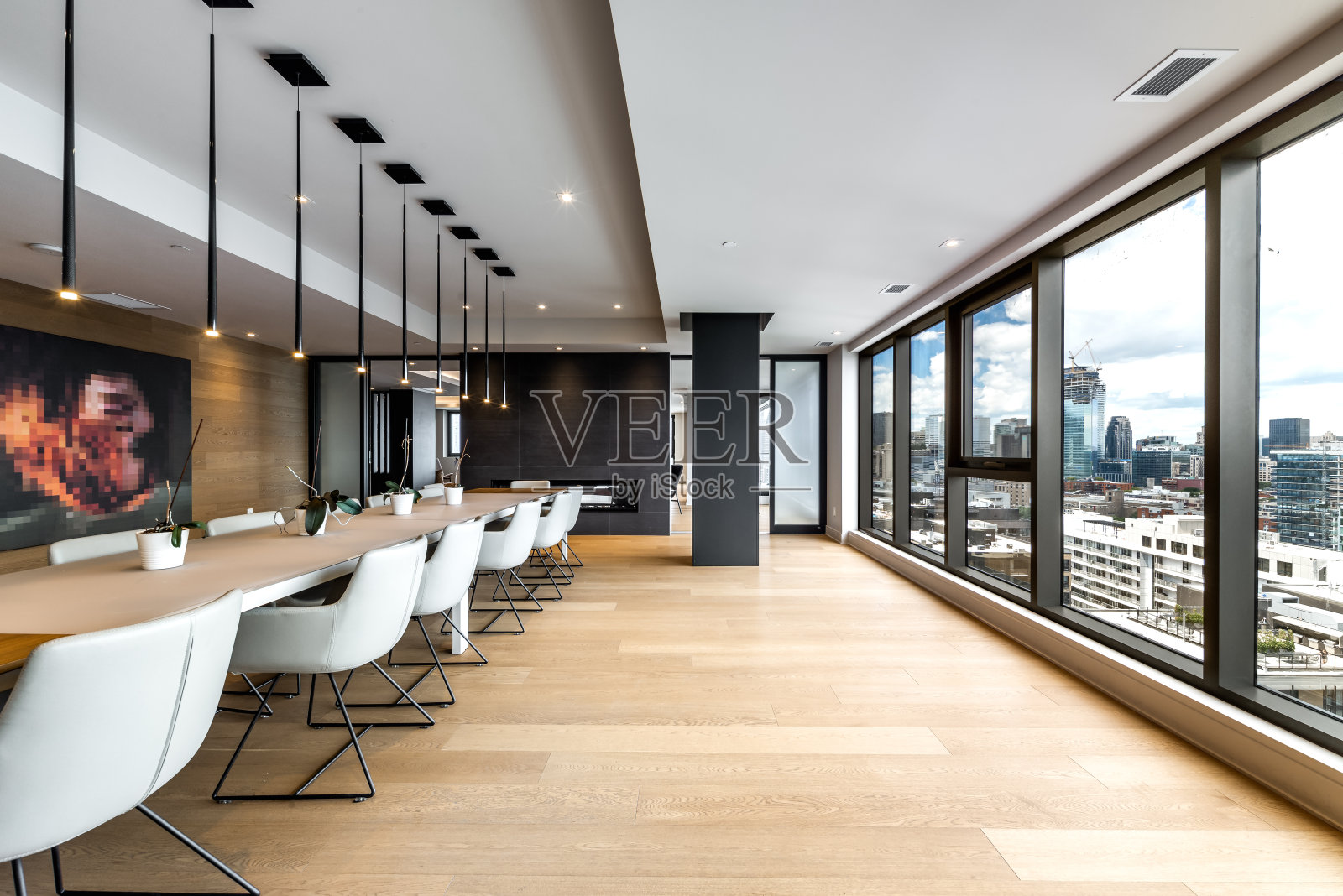 蒙特利尔格里芬敦的现代豪华公寓，舞台布置良好，配有健身房，屋顶，露台，游泳池，花园，设施和城市景观照片摄影图片